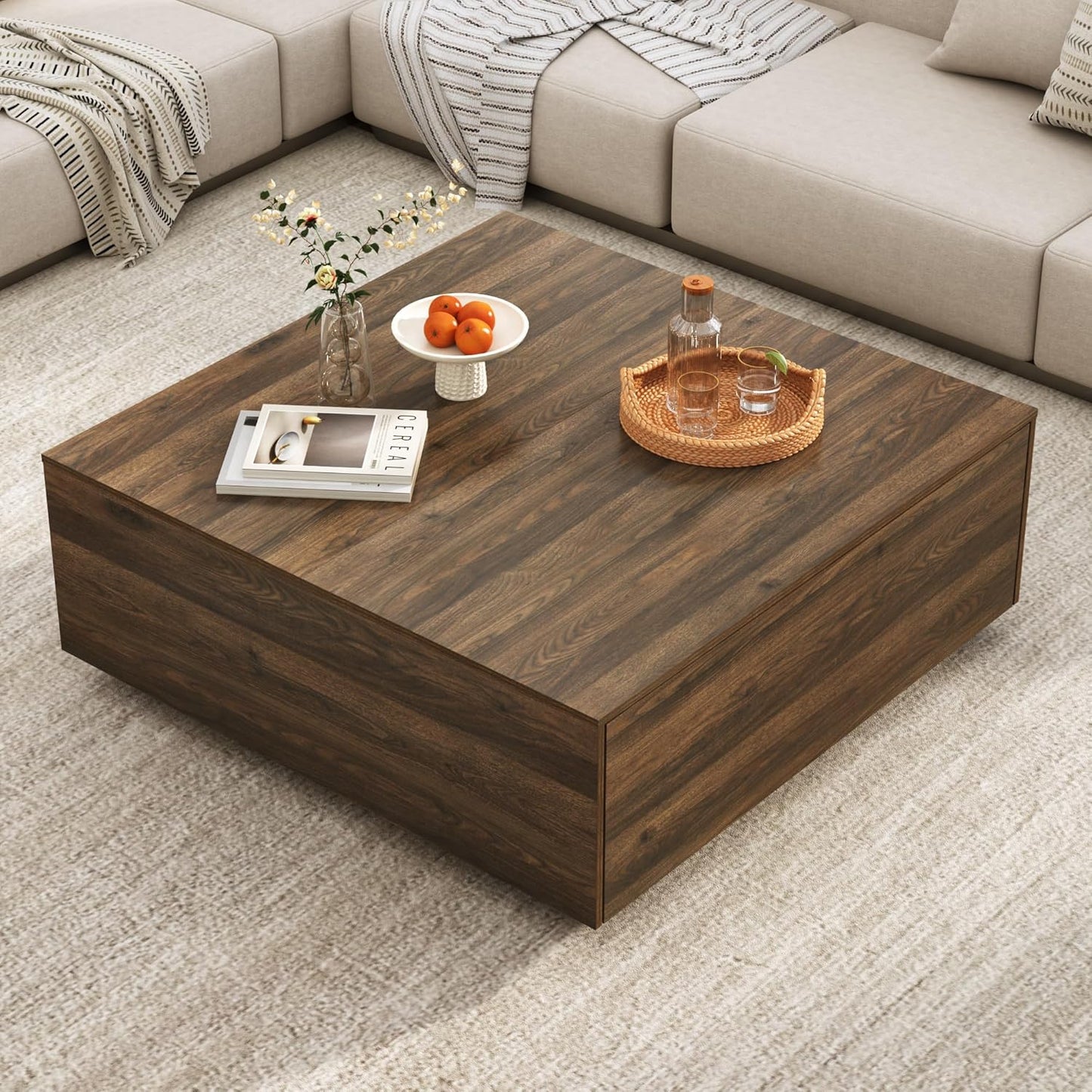 43” Square Coffee Table with Storage, Modern Large Square Center Table with 2 Drawers, Wood Coffee Table for Living Room, Walnut