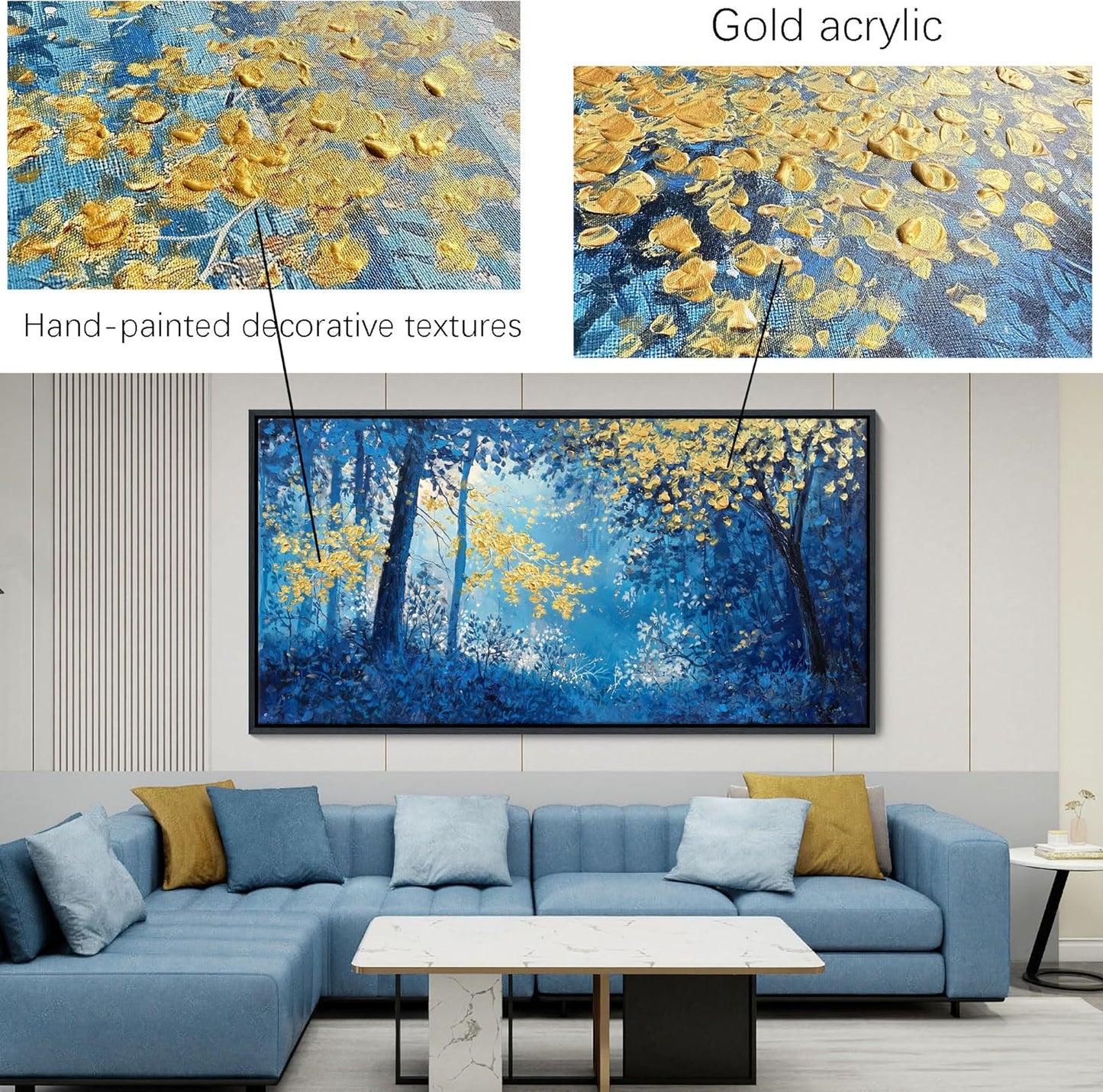 Blue and Gold Canvas Wall Art - Forest Bedroom Wall Art - Tree Wall Pictures for Living Room, Office, or Bedroom - Nature Landscape Canvas Decor Framed Painting 20×40IN