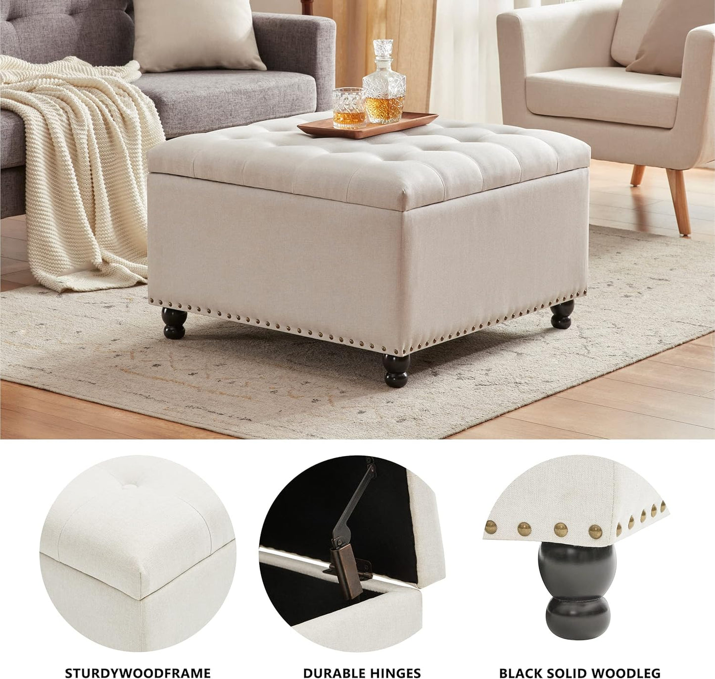 Tbfit Large Square Storage Ottoman Bench, Botton Tufted Upholstered Coffee Table with Wooden Legs, Oversized Storage Ottomans Toy Box Footrest for Living Room, Apartment, Beige