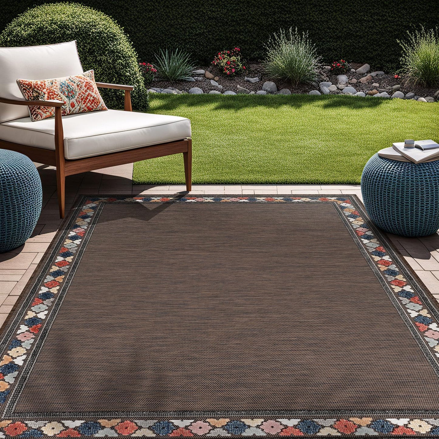 Beverly Rug Outdoor Rug 6x9 Modern Bordered Area Rugs for Indoor and Outdoor Patio Easy to Clean Non Shedding Living Room Porch Garden Washable Outside Carpet (6 x 9 Brown)