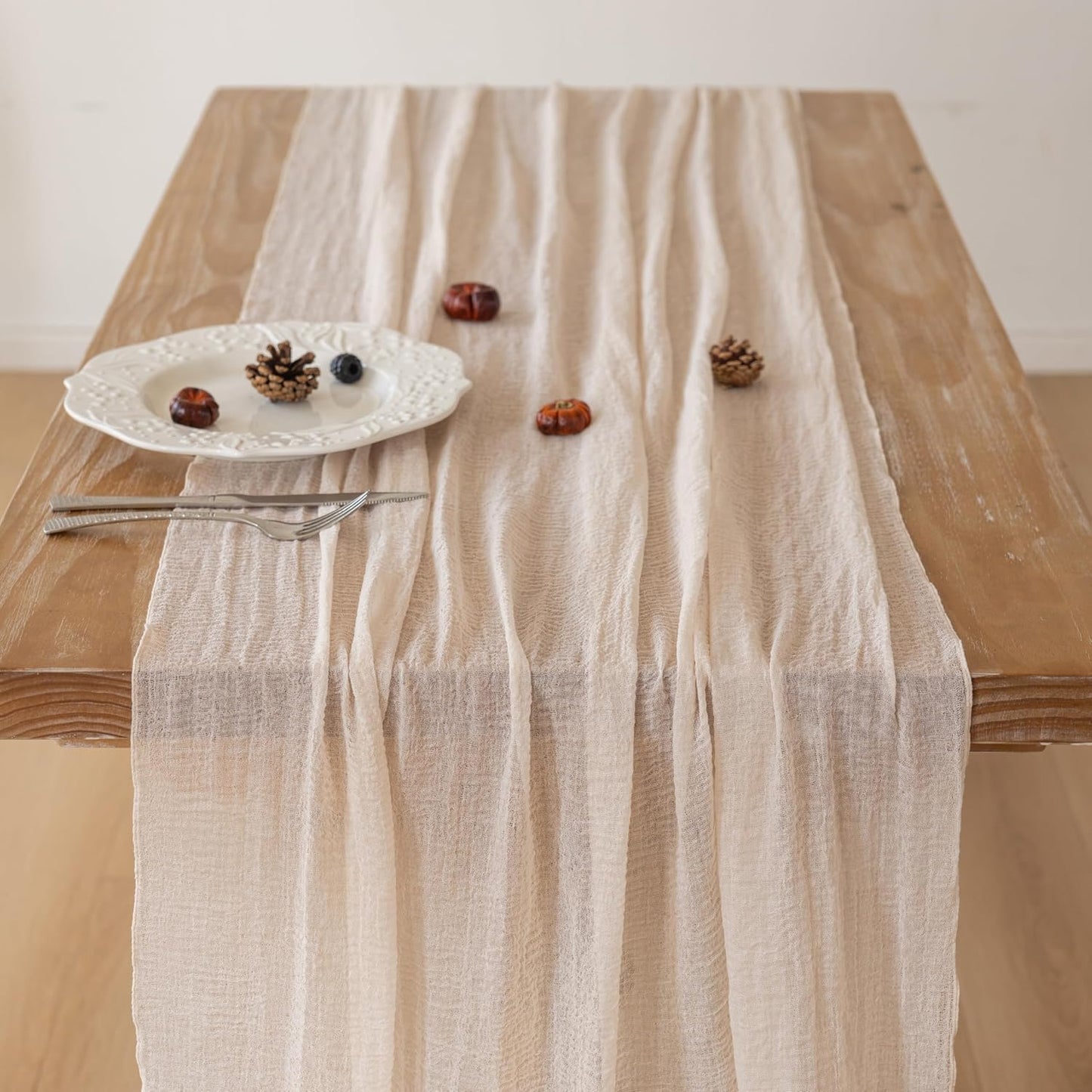 3Pcs Beige Gauze Rustic Cheesecloth Table Runner 120 Inch 10 FT for Wedding Baby Shower Bridal Shower Birthday Engagement Garden Outdoor Party Long Sheer Boho Decorations