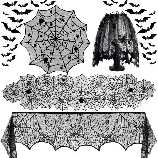 5Pack Halloween Decorations Indoor Halloween Decor Black Lace Table Runner Fireplace Mantel Scarf Round Tablecloth Cobweb Lampshade with 32 Pcs 3D Bat Wall Stickers