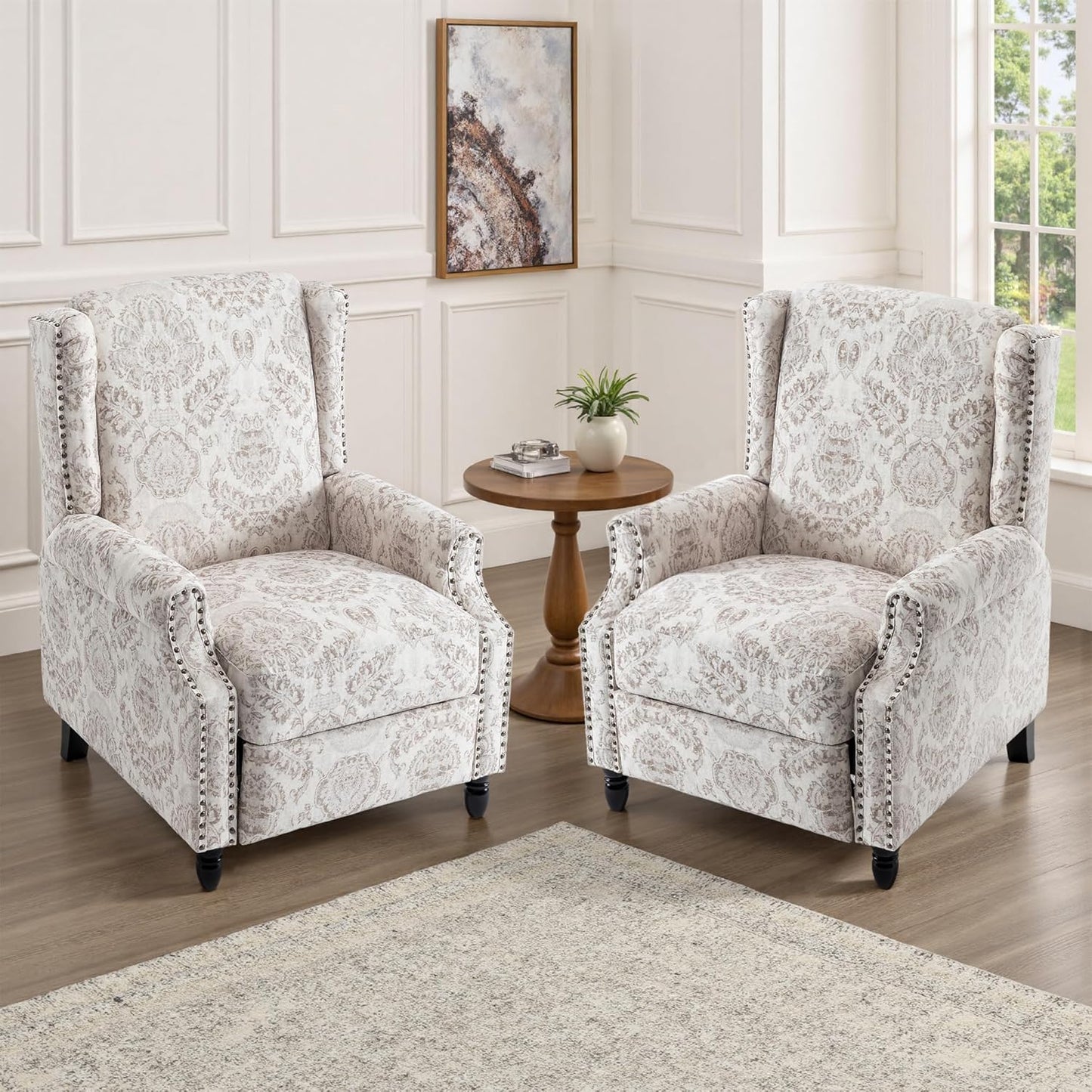 UIXE Recliner Chairs Set of 2, Fabric Upholstered Armchair Pushback Accent Chair for Living Room, Floral Rivet Trim Club Chair Home Theater Single Sofa Bedroom Side Reading Seat - Beige Pattern