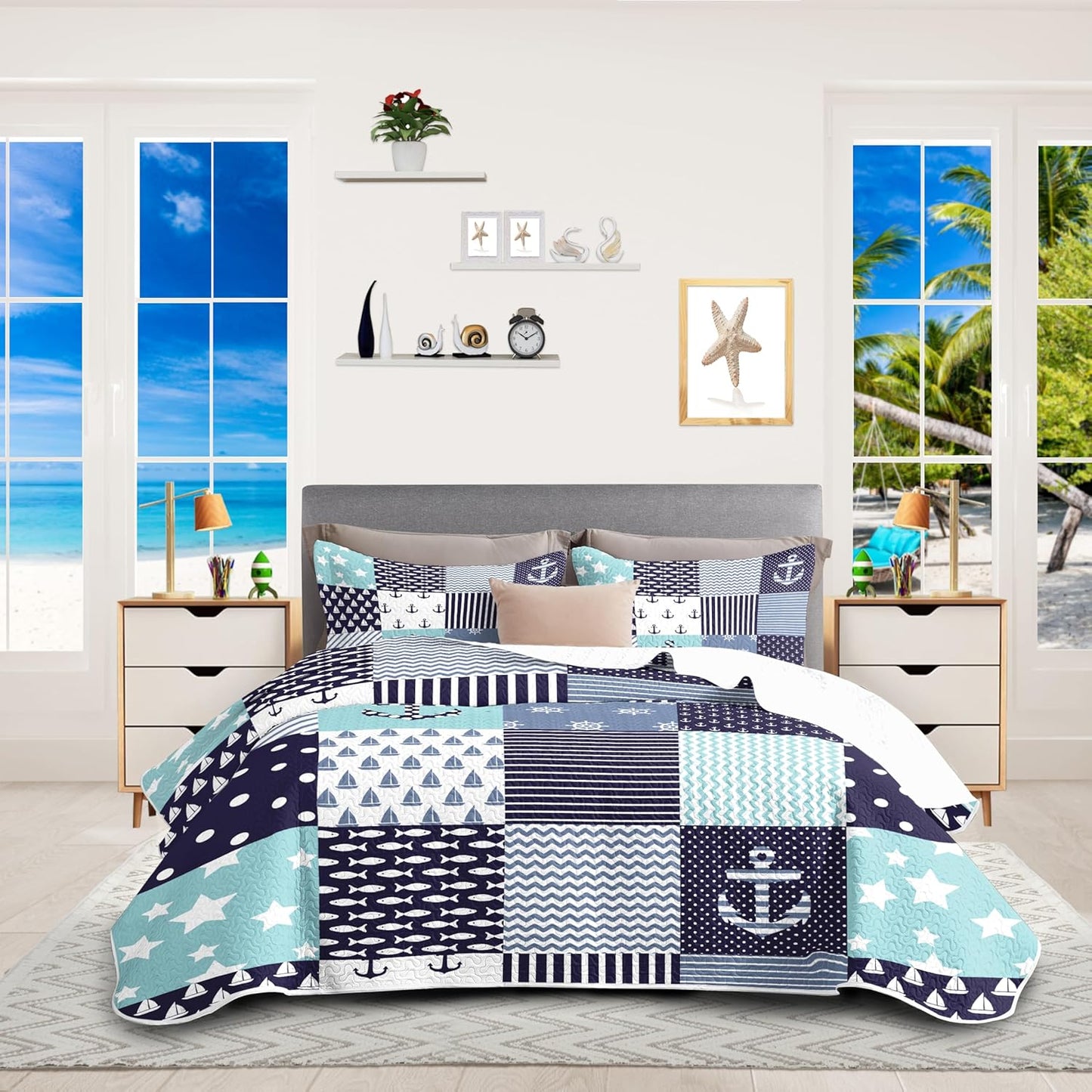 Nautical Bedding Queen Size Coastal Quilt with 2 Shams, Coastal Beach Comforter Sets Ocean Bedspreads Coverlet Summer Bedding, 90''x96''