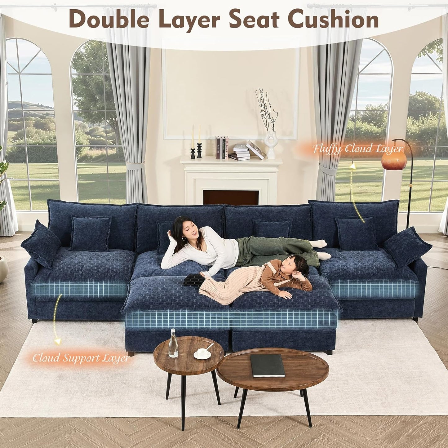 142.5" U Shaped Couch, Modular Sectional Sofa, 3-Seater Comfy Cloud Couch with Movable Ottoman, Deep Seat Couches for Living Room, Chenille, Navy