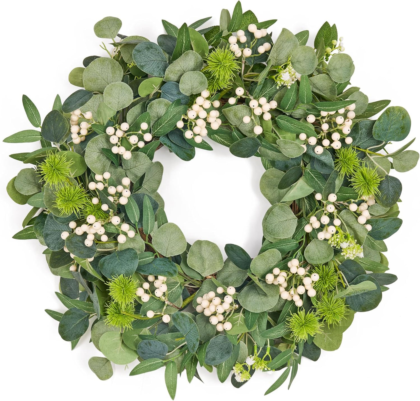 GENMOUS 24Inch Artificial Eucalyptus Wreath for Front Door, Christmas Wreaths with Ivory Berries Silver Dollar, Green Wedding Home Wall Door Hanging Decor All Seasons, Holiday Thanksgiving Halloween