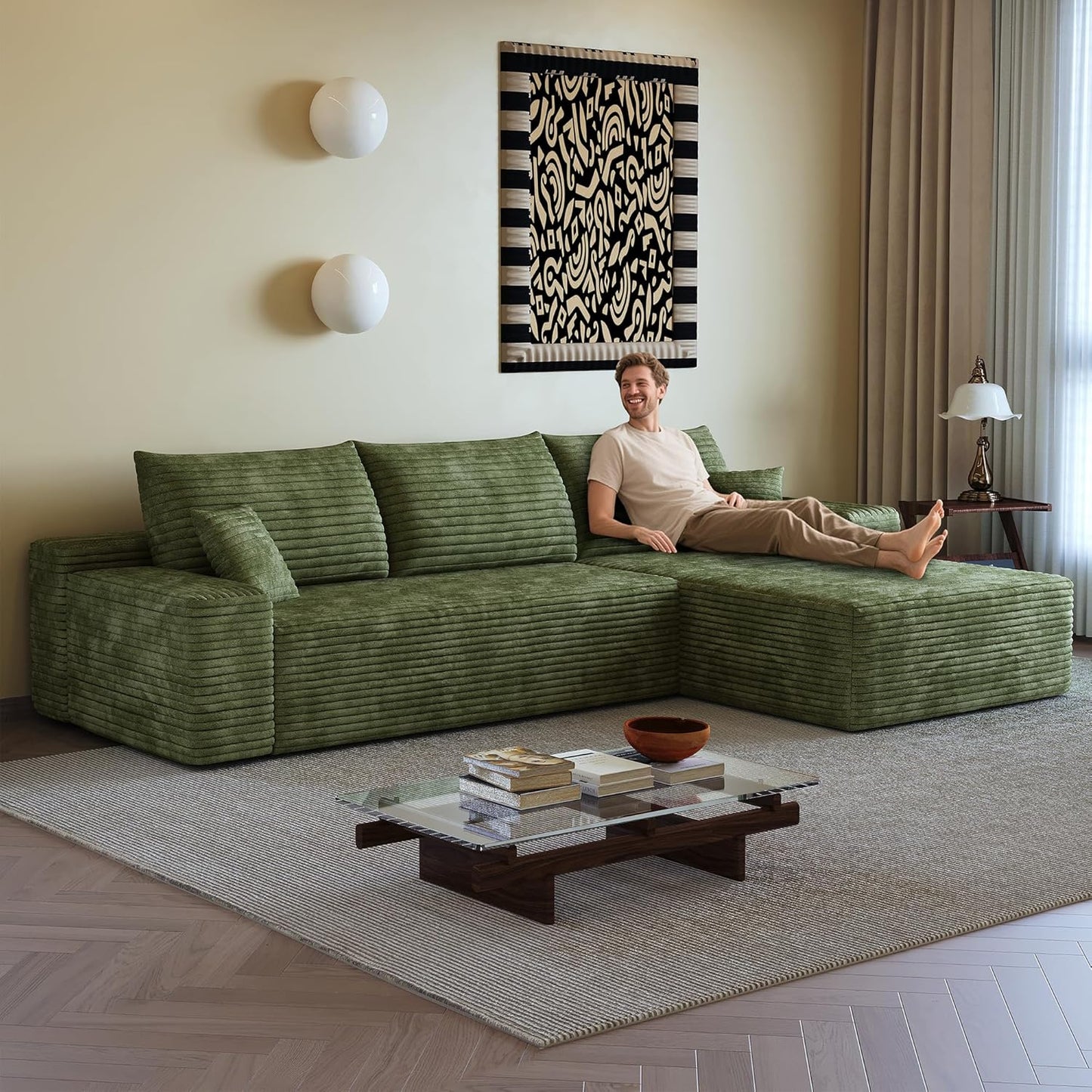 108" Sectional Couches for Living Room Modern Modular Sofa with L-Shape Couchs Upholstered Boneless Couch Deep Seat Sectional Couch with Chaise (Green, Right Facing Chaise+2Seaters)