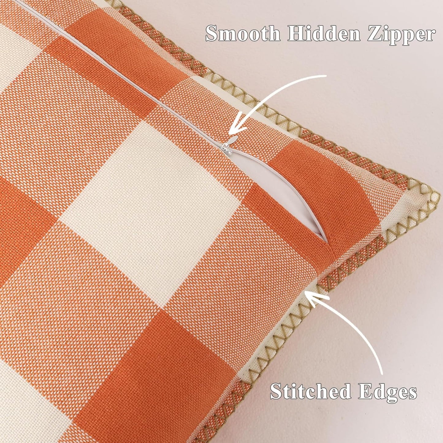decorUhome Fall Orange and White Decorative Throw Pillow Covers 24x24 Set of 2, Buffalo Plaid Check Farmhouse Cushion Covers with Stitched Edge for Autumn Harvest Couch Sofa Bed Home Decor