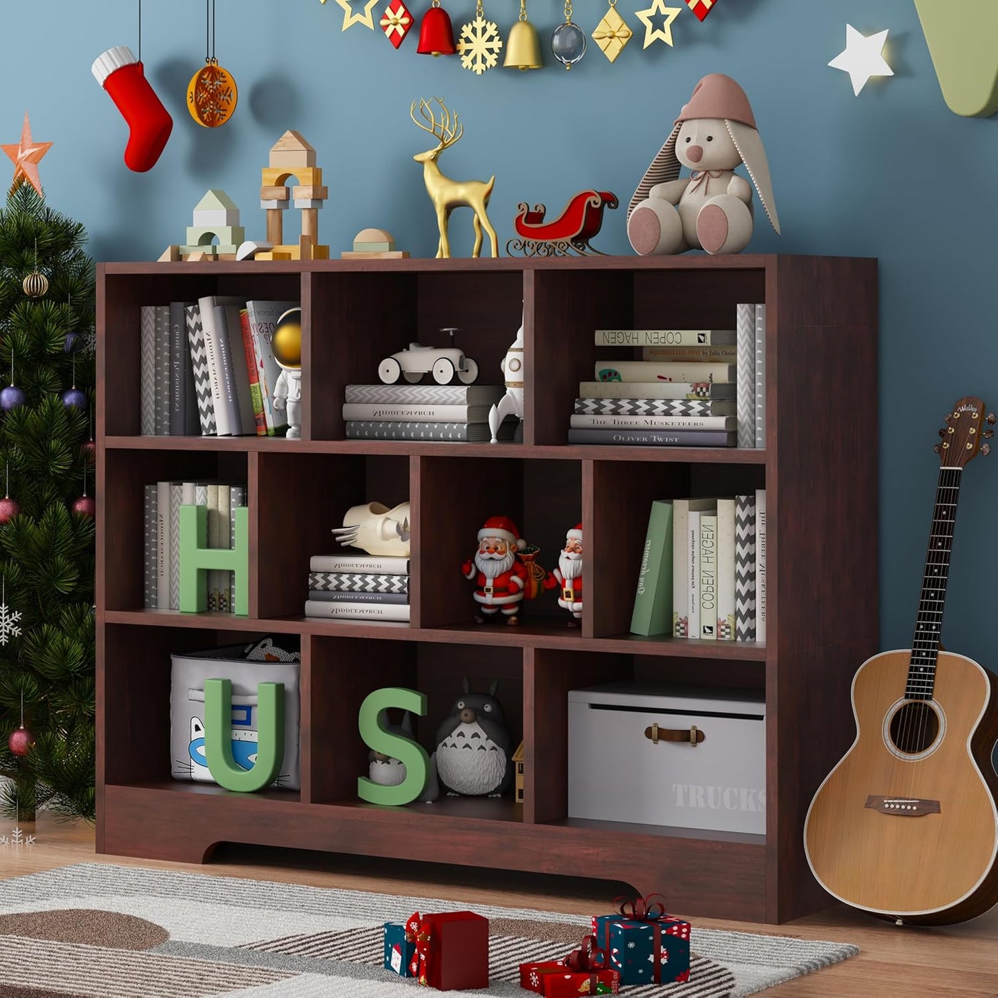 Book Shelf Set of 2, 10 Cubes Storage Organizer, 3-Tier Open Shelf Wooden Bookcase, Freestanding Cherry Bookshelf Cube Shelf for Bedroom, Living Room, Home Office