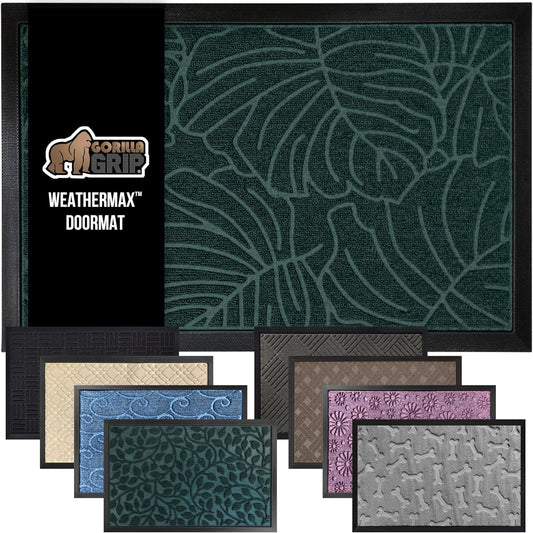 GORILLA GRIP 100% Waterproof All-Season WeatherMax Doormat, 72x24, US Designed Natural Rubber, Stain and Fade Resistant, Low Profile Indoor Outdoor Door Mats, Easy Clean Patio Mat, Green Palm
