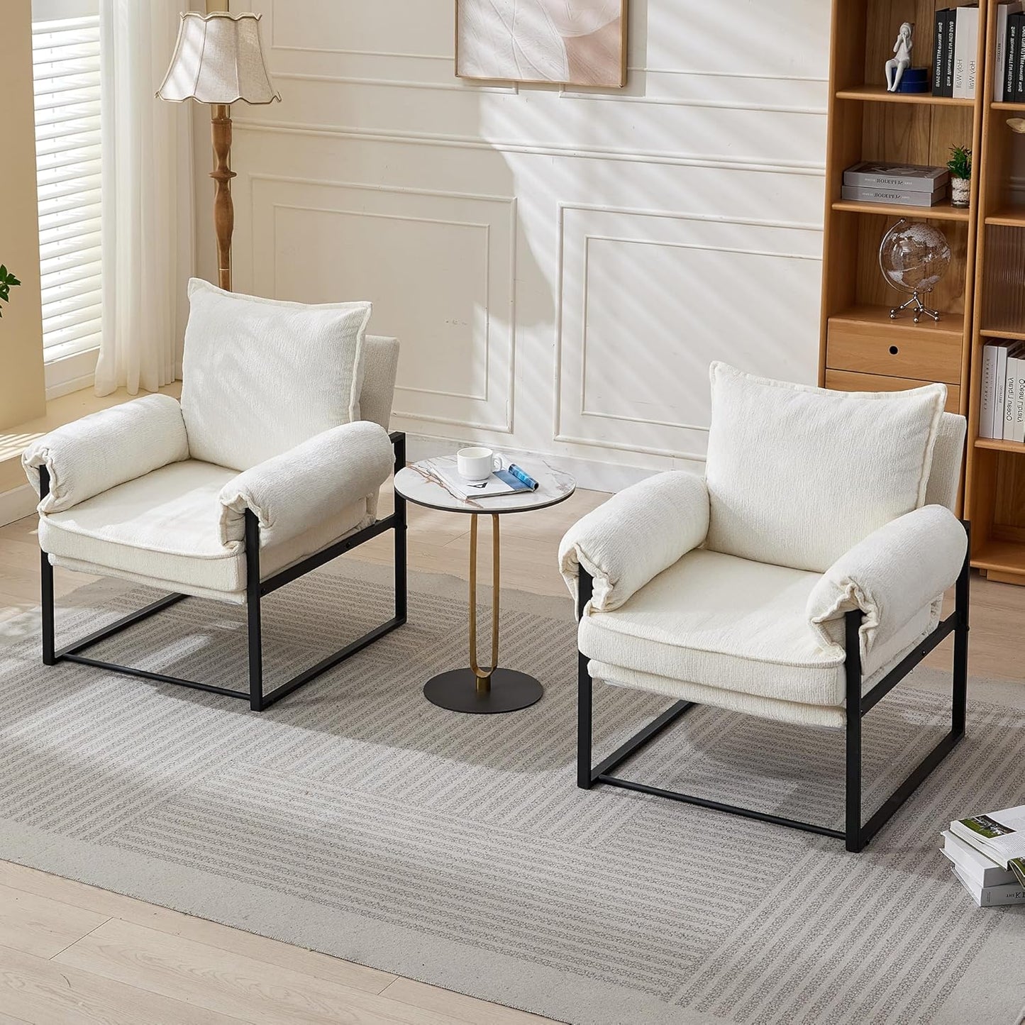 YISHENG Accent Chair with 6-Angle Adjustable Backrest, Chenille Fabric Living Room Chair Upholstered Lounge Chair, Modern Chair Cozy Reclining Chair for Reading Room, Set of 2 White