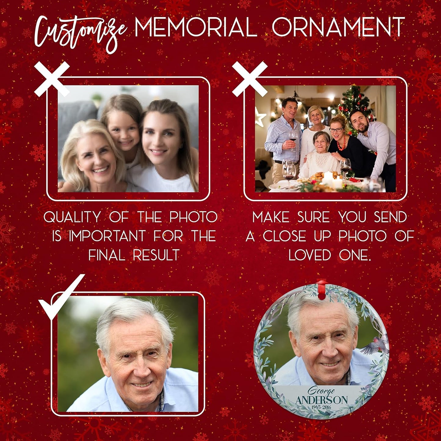 Cardinal Birds 1, Memorial Christmas Ornament Personalized with Photo, Name & Date - Upload Photo & Picture - 7 Designs, Memorial Ornaments Loss of Loved Ones – D5