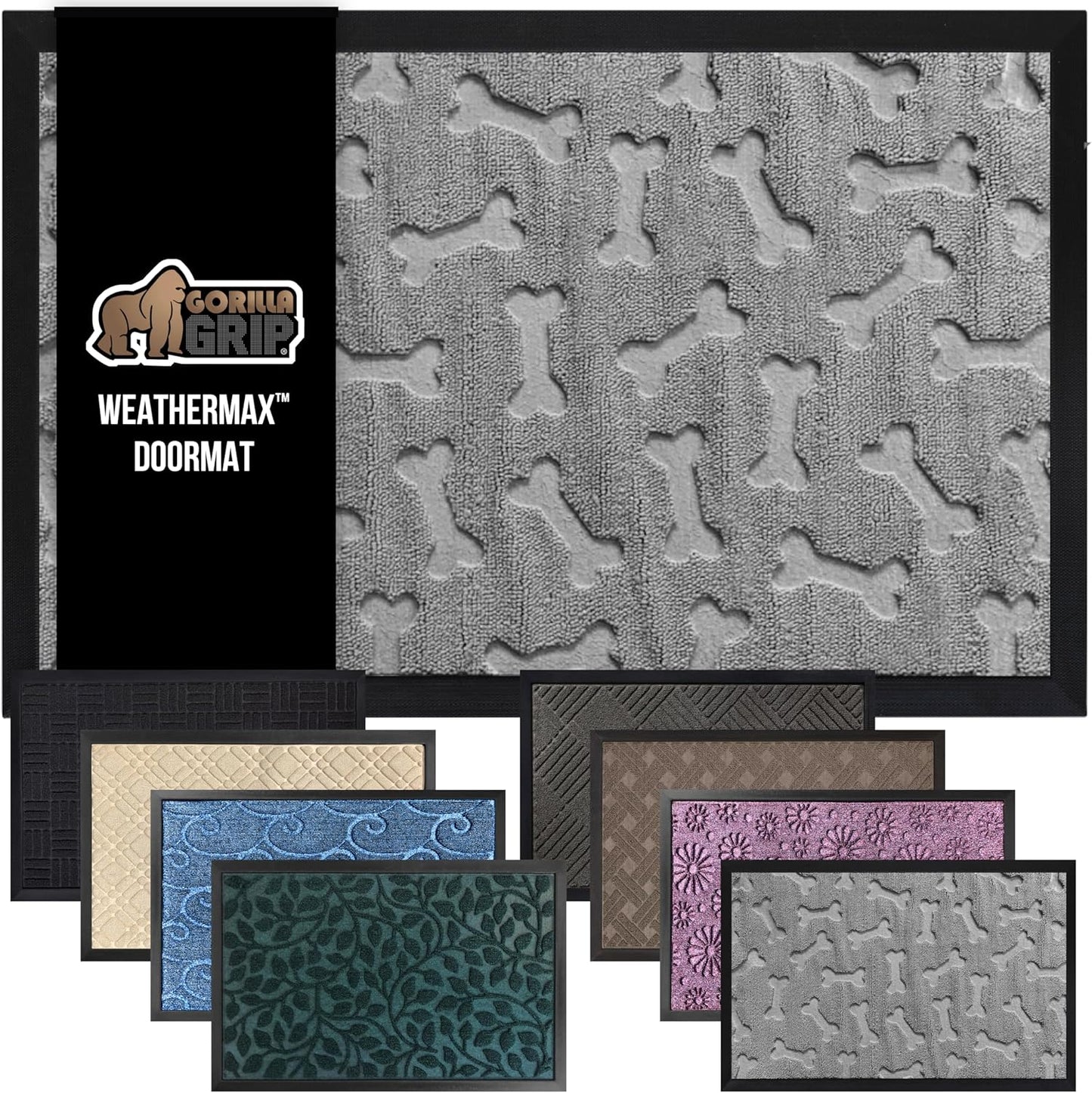 GORILLA GRIP 100% Waterproof All-Season WeatherMax Doormat 35x23, US Designed Natural Rubber, Stain and Fade Resistant, Low Profile Indoor Outdoor Door Mats, Easy Clean Patio Mat, Light Gray Bones