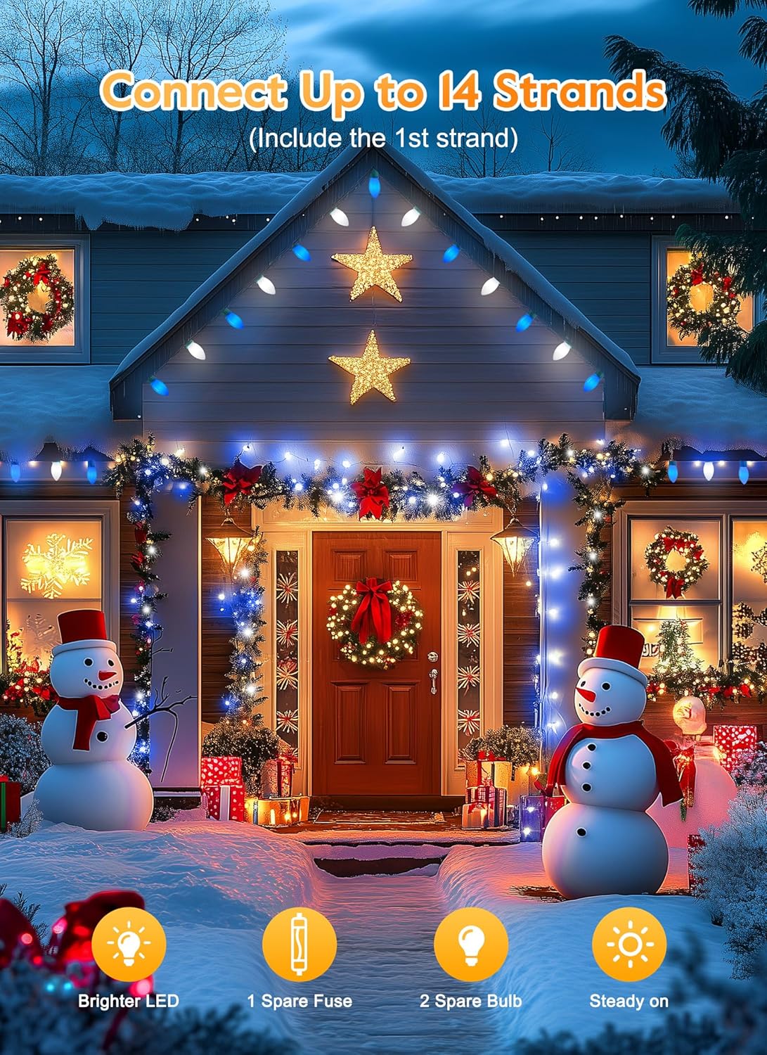 C9 LED Christmas Lights Outdoor, 50 Feet C9 String Lights with 50 Shatterproof Matte Bulbs, Connectable Waterproof Christmas Tree Lights for Holiday Roofline Backyard Garden Decor, Blue & Pure White