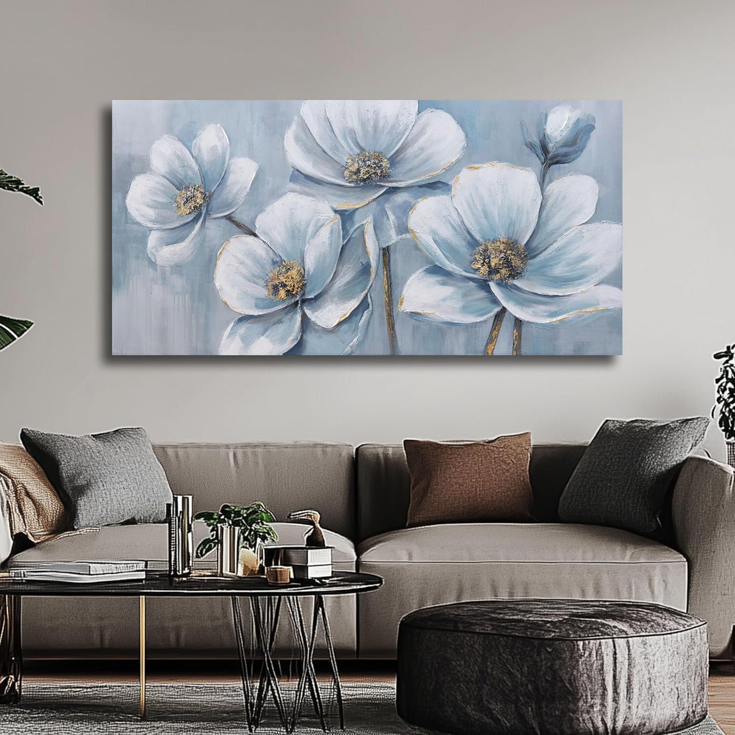 Belmrxne Flower Painting Blue Wall Art Modern Canvas Hanging Wall Decor Rustic Canvas Painting for Living Room Bedroom Dining Room Office Home Decor 24x48 inch