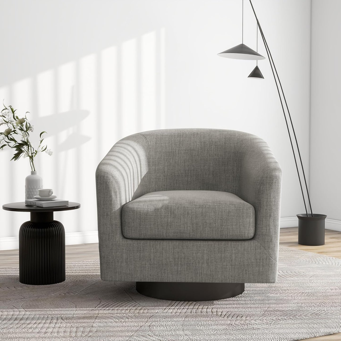 Swivel Barrel Accent Chair, Modern Round Linen Arm Chair for Living Room, Bedroom, Comfy Club Reading Chairs for Adults（Linen Fabric, Khaki, Set of 1