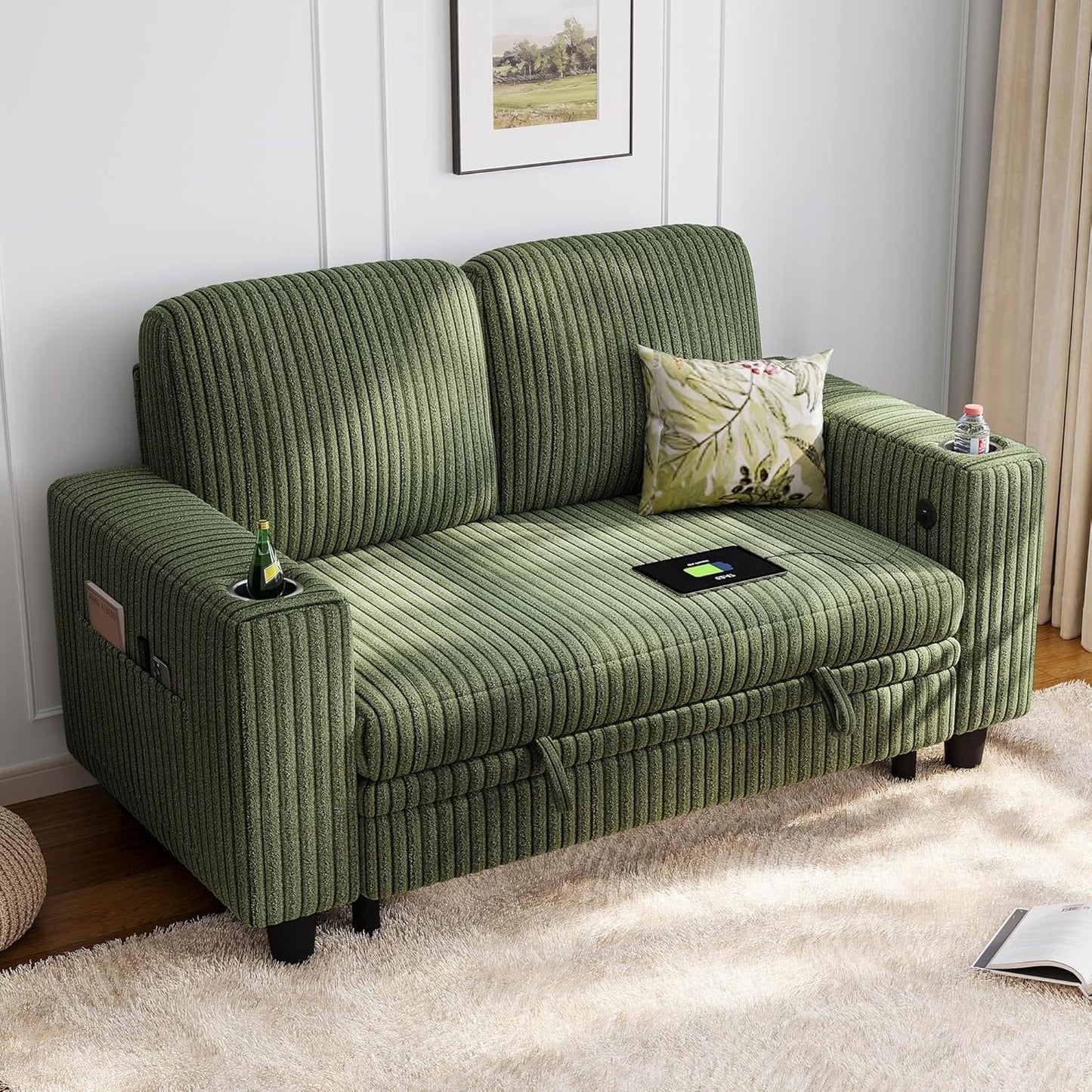 LINSY HOME Loveseat Sofa with Storage - Comfy Plush Corduroy 2 Seater Sofa with USB Charging & Cup Holders, Deep Seat Love Seat for Small Spaces Living Room Bedroom Apartment, Green
