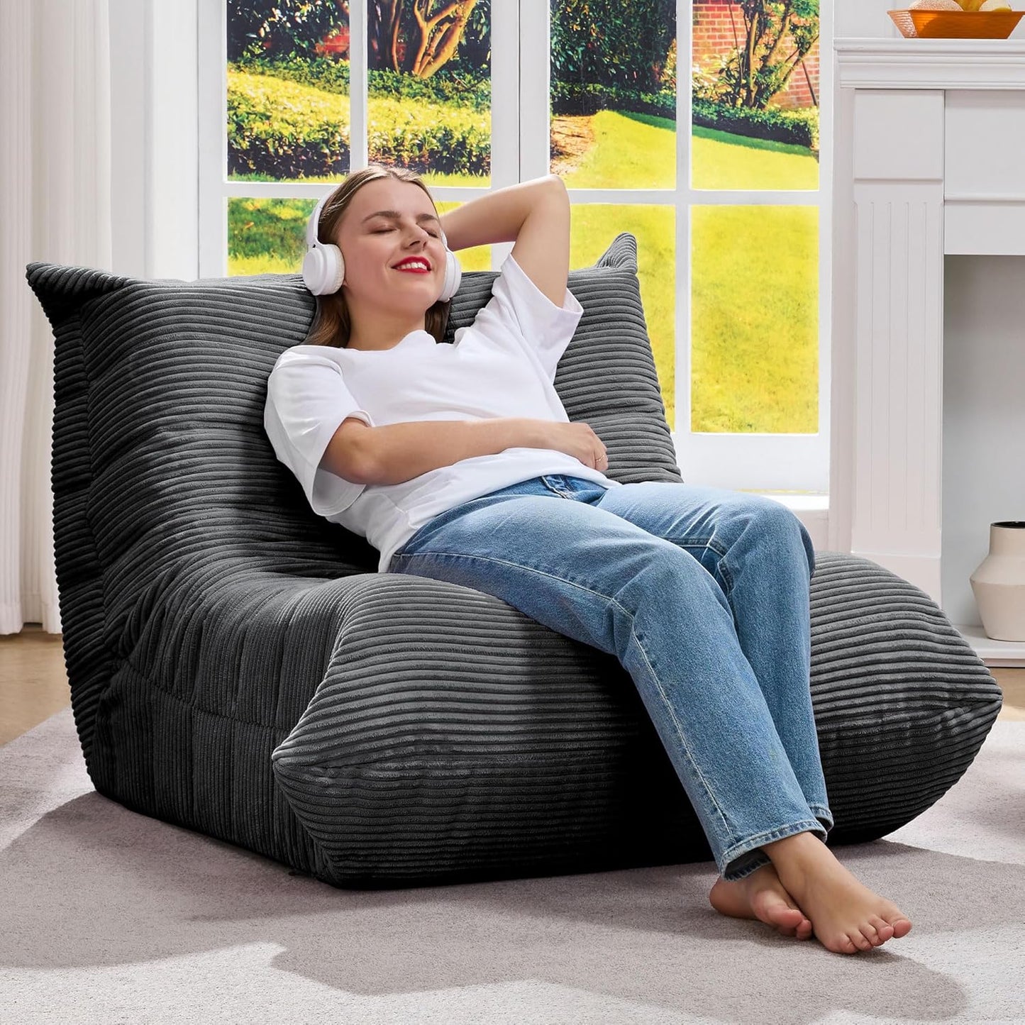 Bean Bag Chairs for Adults Giant Bean Bag Chair Memory Foam BeanBag Chair Big Bean Bag Sofa with Filler Faux Fur Fireside Beanbags Lazy Sofa for Living Room Bedroom Dorm Office (Grey Corduroy)