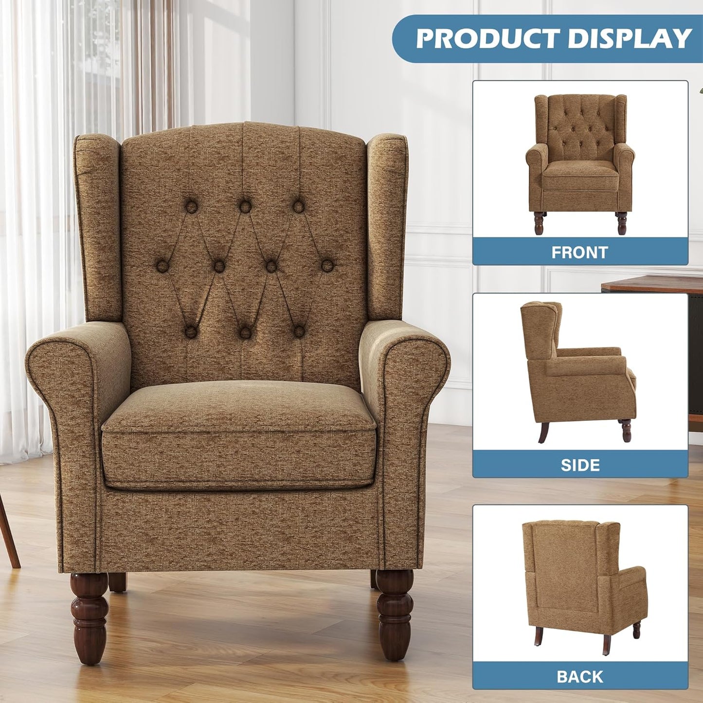 UIXE High Back Accent Chair, Upholstered Armchair in Fabric, Retro Wingback Arm Chair for Living Room, Comfy Single Sofa Bedroom Reading Seat with Solid Wood Legs - Brown