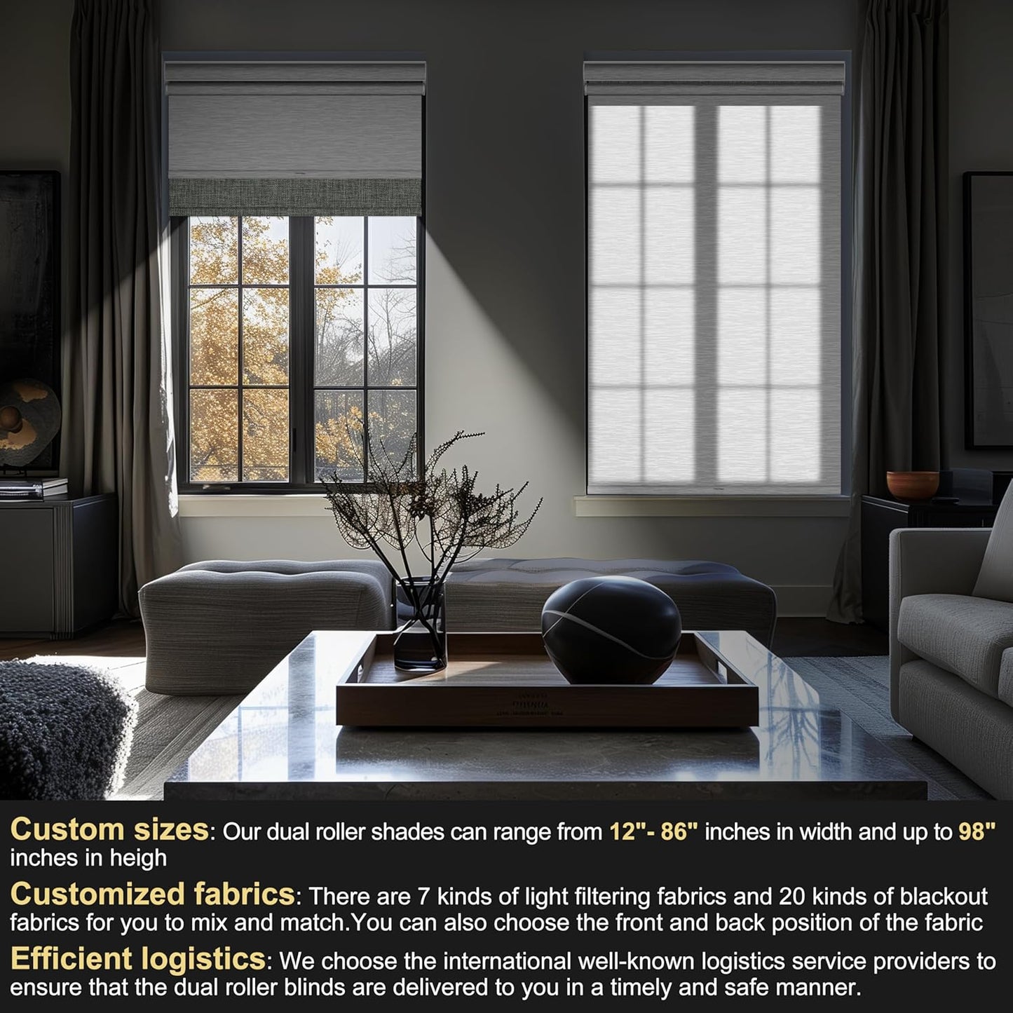 BERISSA Cordless Dual Roller Shades with Cassette Valance,Double Window Shades Blackout and Light Filtering Shades,Day and Night Roller Shades for Home Office Door.Linen Grey and White.35 W x 64" H