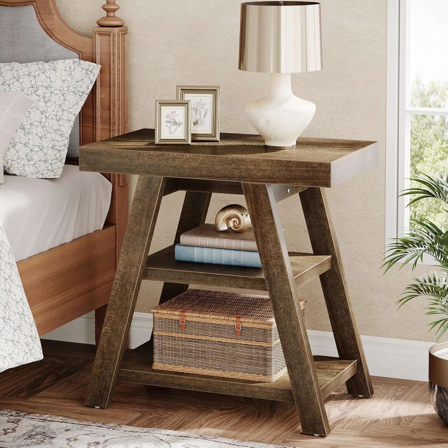 Tribesigns Set of 2 Small Wood Side Table, Farmhouse 3-Tier Narrow Sofa End Table with Storage, Vintage Couch Side Table for Living Room, Wooden Bedside Table for Bedroom, Small Spaces, Rustic Brown