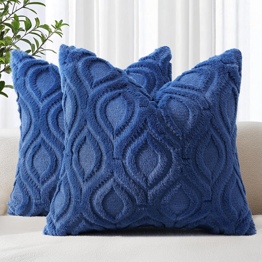 decorUhome Fall Throw Pillow Covers 22x22 Inch Set of 2, Soft Plush Decorative Faux Fur Dark Blue Solid Couch Pillow Covers, Accent Farmhouse Neutral Square Euro Pillow Cases for Sofa Bed Living Room