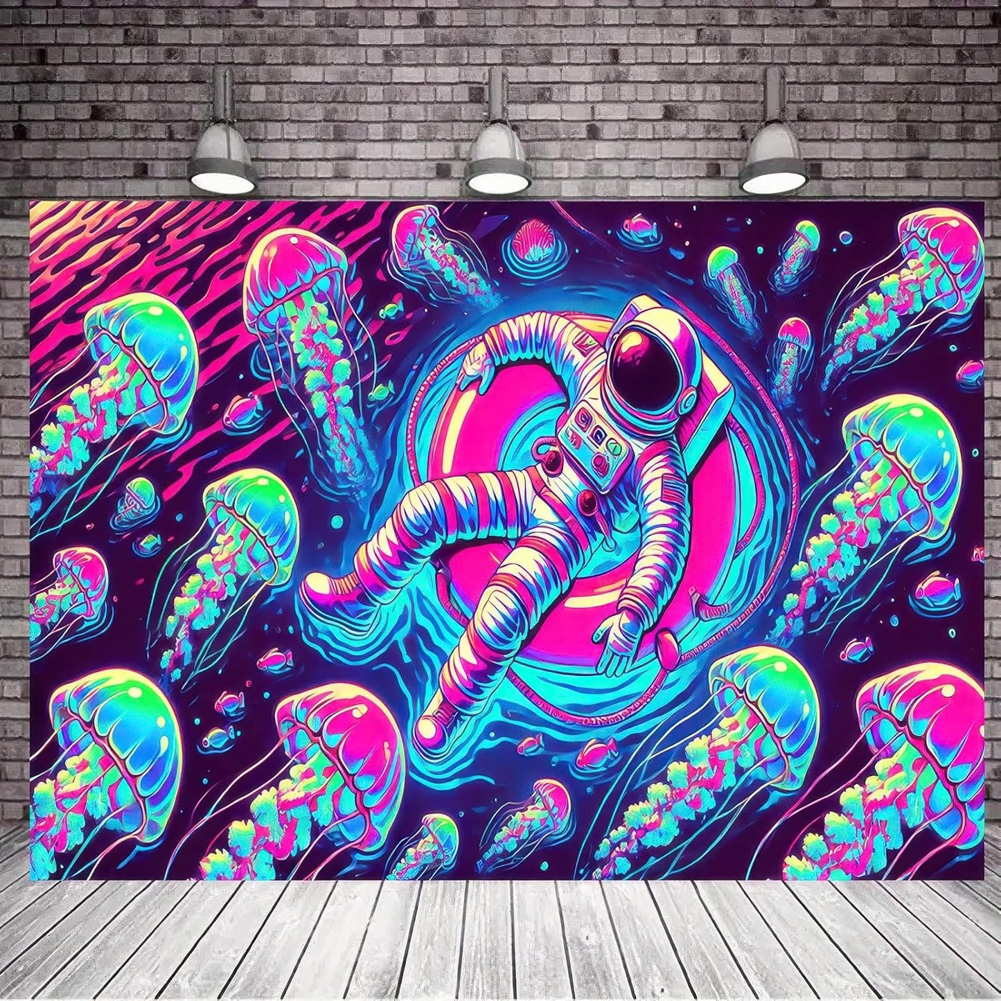 BlissYard Blacklight Tapestry Uv Reactive Tapestry Glow Tapestry 78x59 Inches Wall Tapestry Astronaut Jellyfish in Space Fluorescent Wall Hanging Neon Art Decor with Cosmic Jellyfish and Space Theme