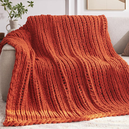 Chunky Knit Throw Blanket, 30''*40'' Fall Throw Blanket Knitted Chenille Yarn for Bed Couch, Handmade Orange Crochet Big Thick Blanket, Machine Washable Cute Comfy Blankets for Home Decor