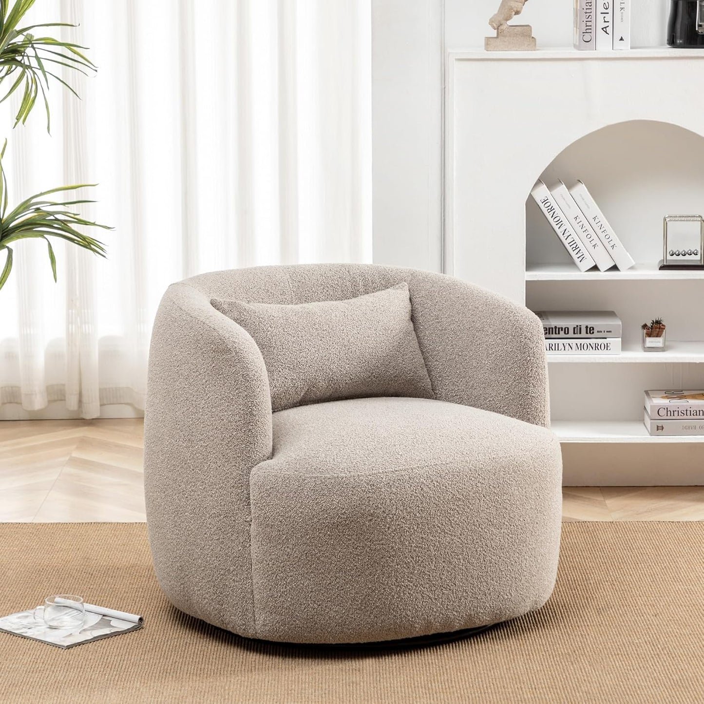 KINWELL 34" Wide Boucle Swivel Barrel Chair, No Assembly Round Upholstered Armchair Accent Chair Single Sofa Chair with Toss Pillow for Living Room and Bedroom, Taupe