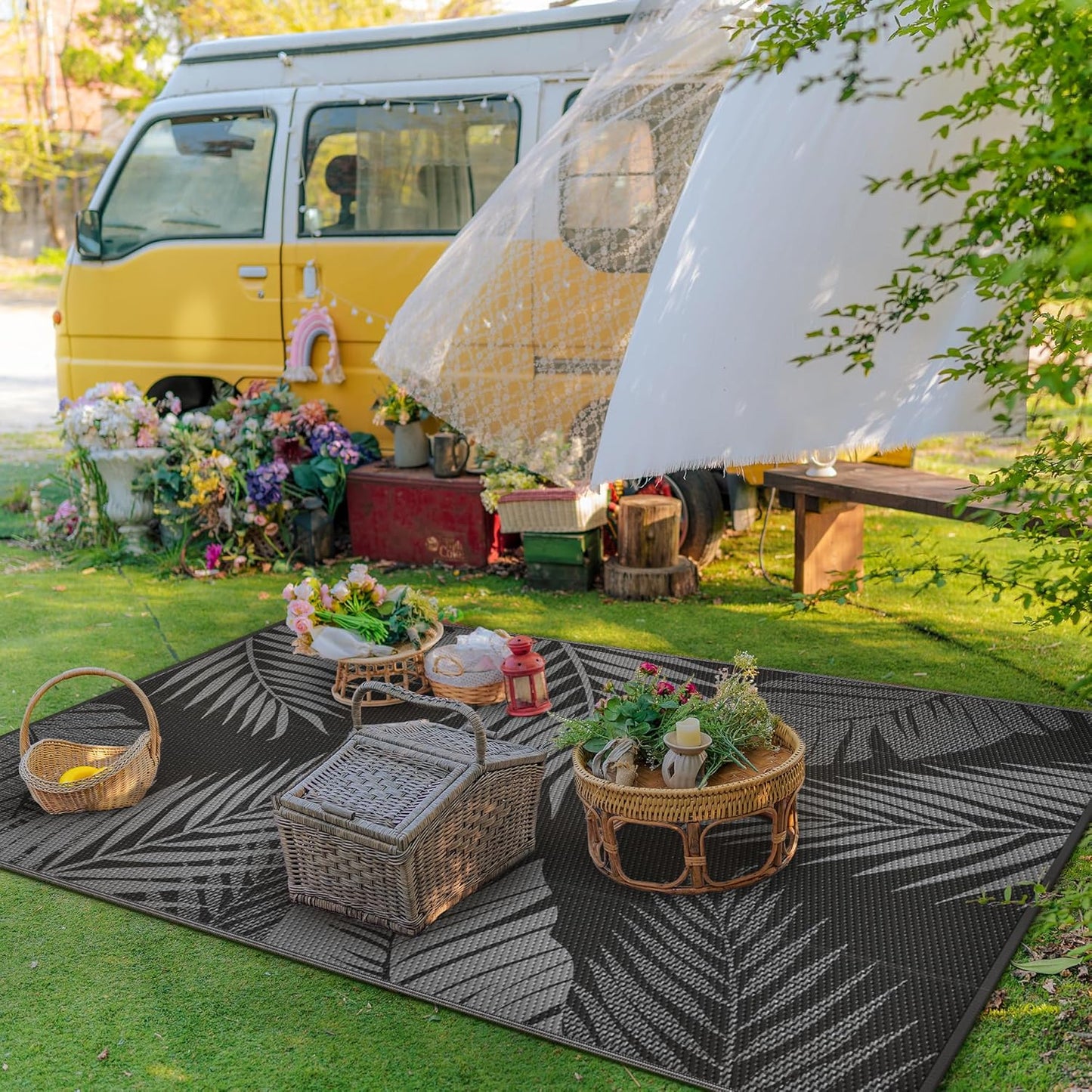 GENIMO Outdoor Rug 4' x 6' Waterproof for Patios Clearance, Reversible Outdoor Plastic Straw Camping Rug Carpet, Large Area Rugs Mats for RV, Camper, Deck, Balcony, Porch, Beach, Picnic, Black&Grey