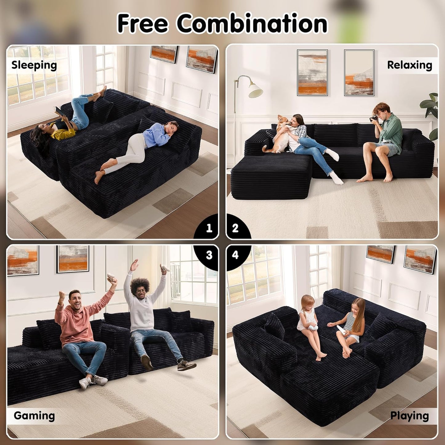 ovios 104" Cloud Sectional Couch with L-Shape Chaise,Modern Modular Sofa with Deep Seat, Upholstered Couches for Living Room Bedroom,No Assembly Required, Black (Plush Corduroy Fabric)