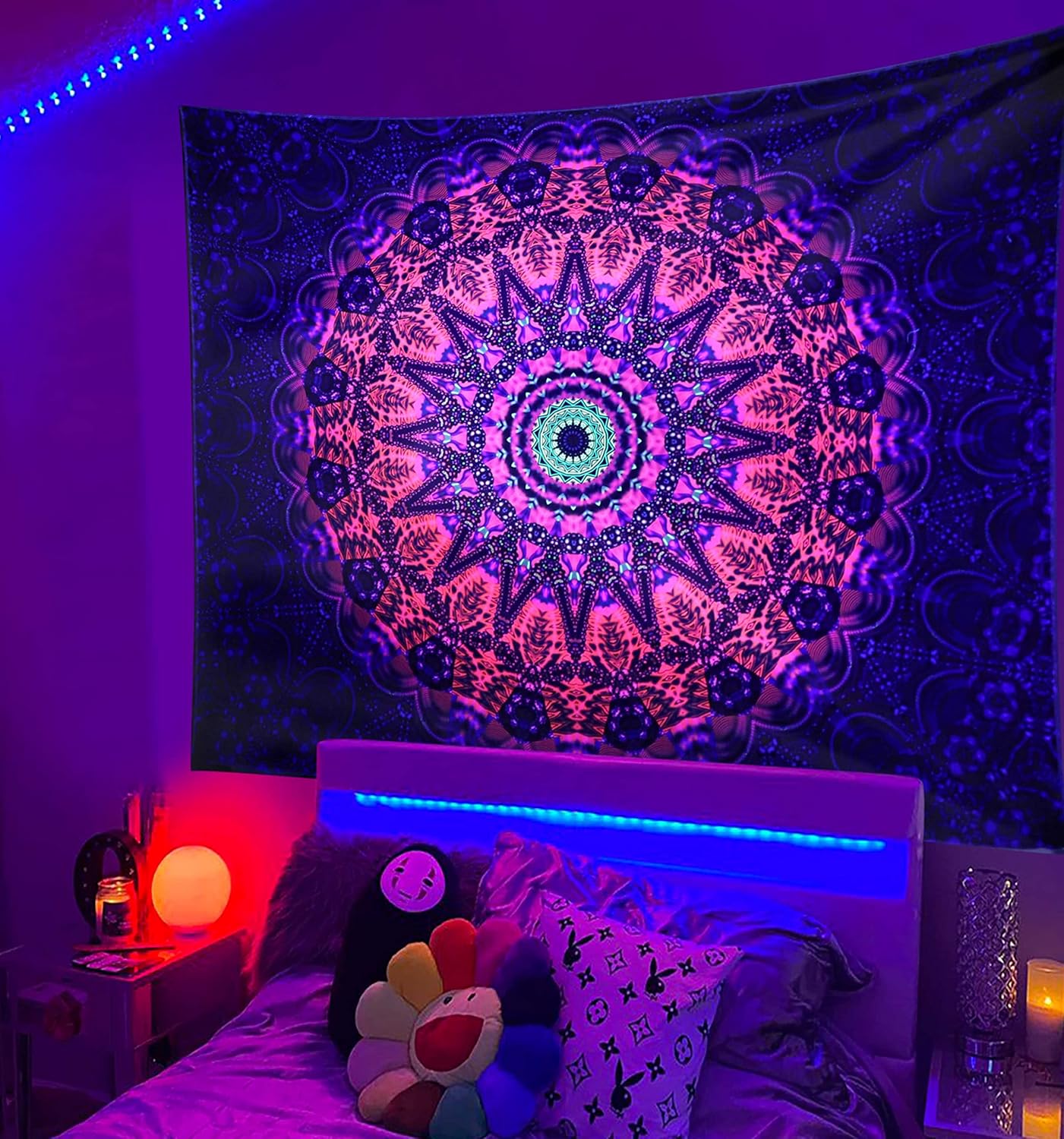 ADDWel Blacklight Mandala Boho Tapestry Glow In The Dark, Black Light Bohemian Hippie Poster Wall Hanging for Bedroom Aesthetic Wall and Room Decor (90" x 70", Mandala)