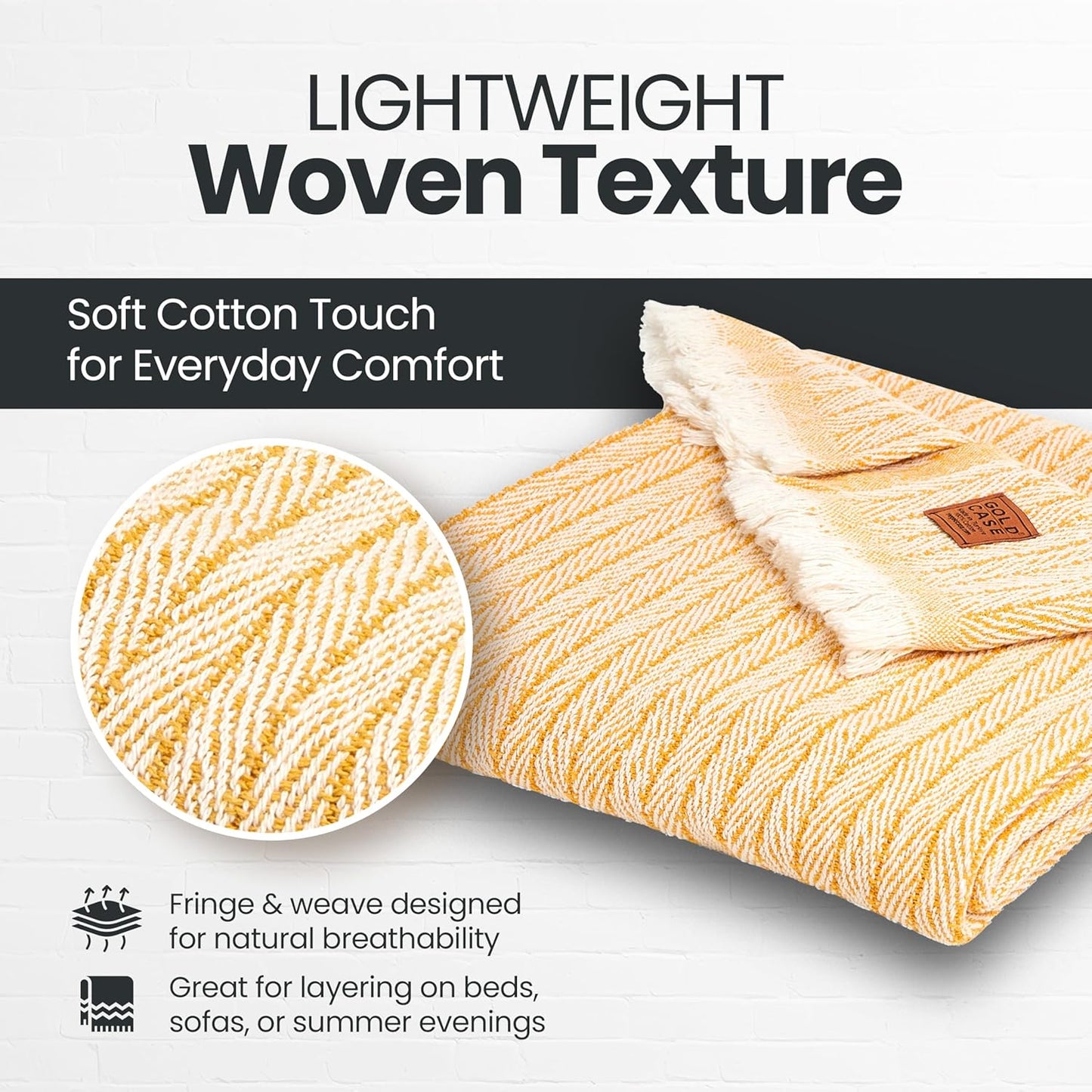 Gold Case Throw Blanket for Couch – 100% Recycled Turkish Cotton Blankets & Throws – Elegant Decorative Throw Blankets for Living Room Sofa – Woven Throws for Couch – Vintage Mustard – 50x60