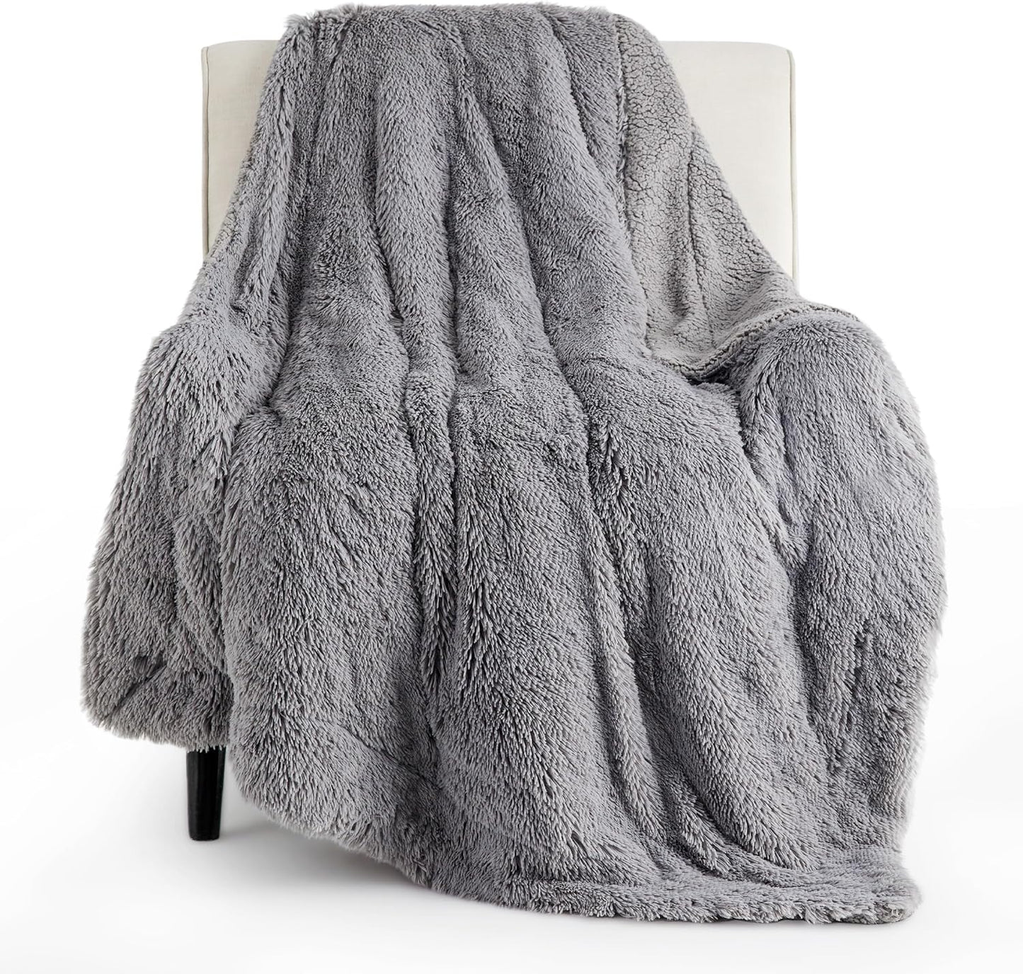 Bedsure GentleSoft Fuzzy Sherpa Faux Fur Twin Blanket Grey Cozy Gifts for Women Men, Soft Fleece Plush Warm Minky Thick Blanket Twin Size for Bed, Couch, Dorm Essentials Grey Room Decor Gifts, 60x80