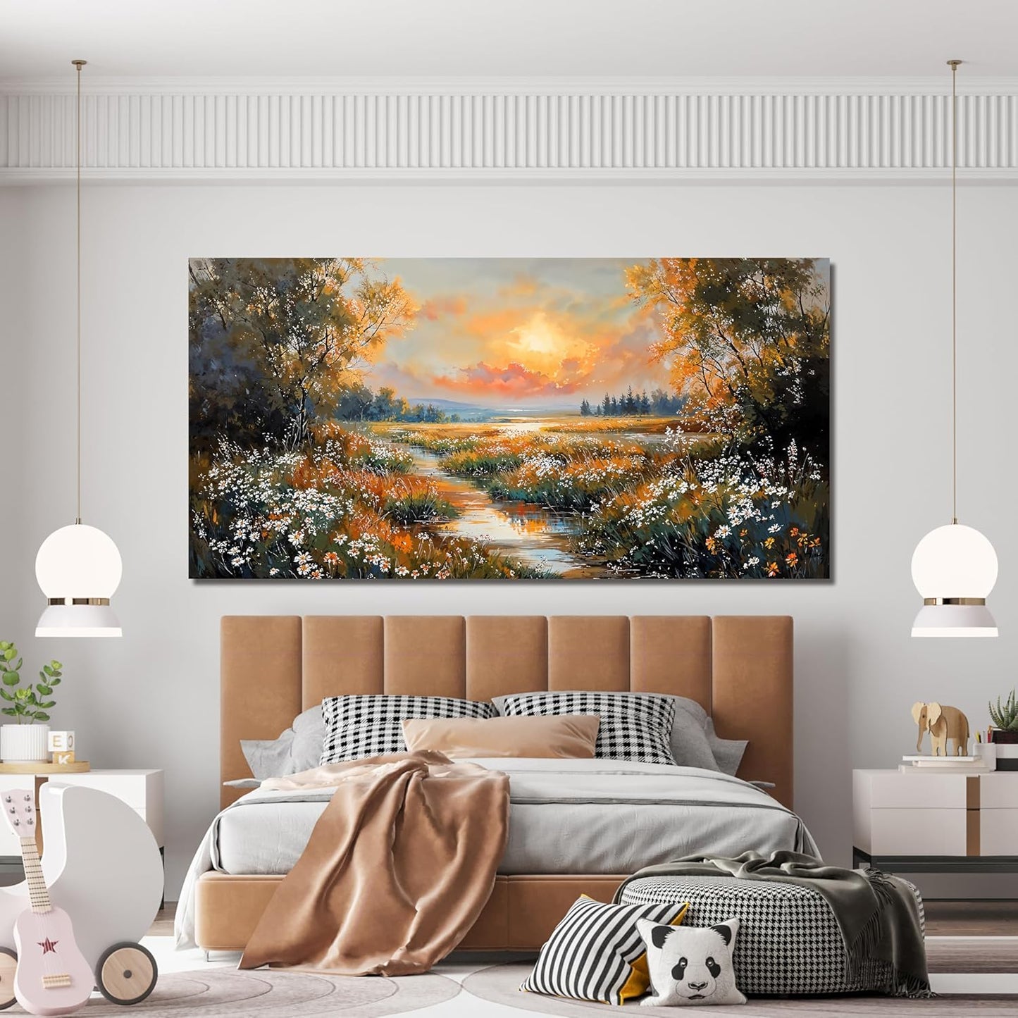 Canvas Wall Art Decor Large Vintage Wildflower Wall Art Prints Canvas Wall Art for Living Room River Sunset Art Work for Wall Decor Oversized Artwork for Walls Bedroom Office Wall art Decor 29" X 58"