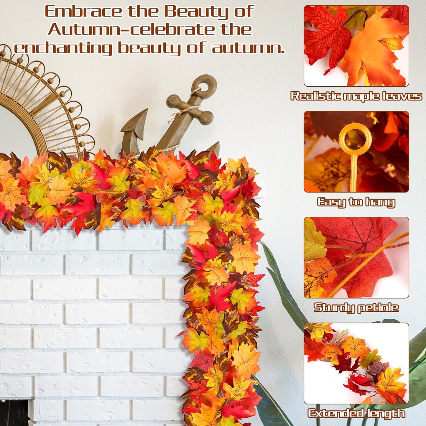 Fovths 4 Pack Maple Leaves Garland 5.8ft/Pc Artificial Fall Decorations Colorful Autumn Hanging Vine for Thanksgiving Halloween Fireplace Indoor Outdoor Decor