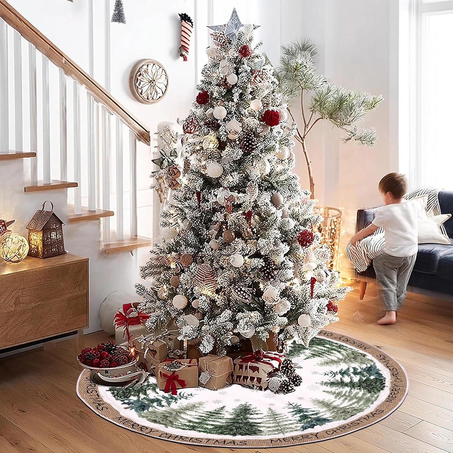 Baccessor Christmas Tree Skirt 48 Inch Pine Trees Snowy Forest Christmas Tree Skirt Collar for Farmhouse Vintage Rustic Merry Christmas Xmas Winter Holiday Party Decoration