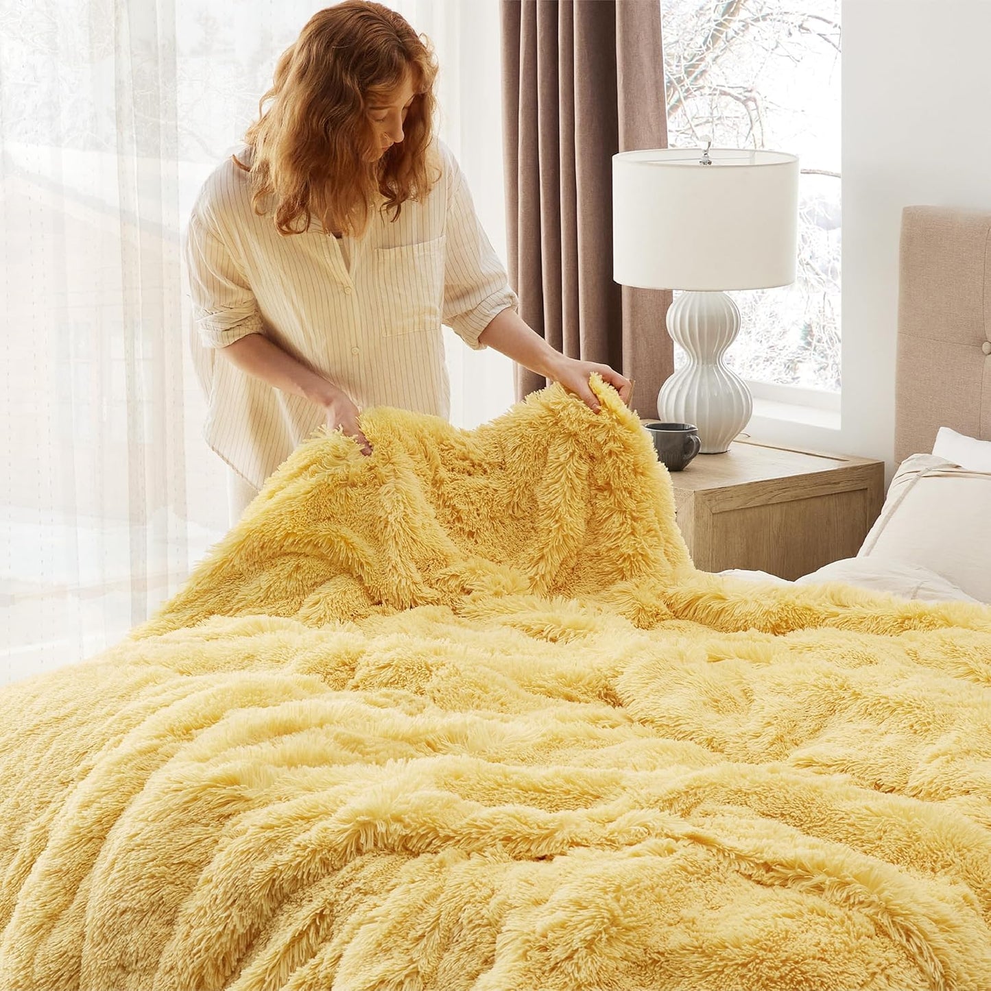 Bedsure GentleSoft Fluffy Yellow King Size Blanket for Bed, Thick Soft Sherpa Faux Fur Fleece Bedding Fuzzy Plush Winter Warm Heavy Big Large King Blanket, Cozy Yellow Gifts for Men Women, 108x90