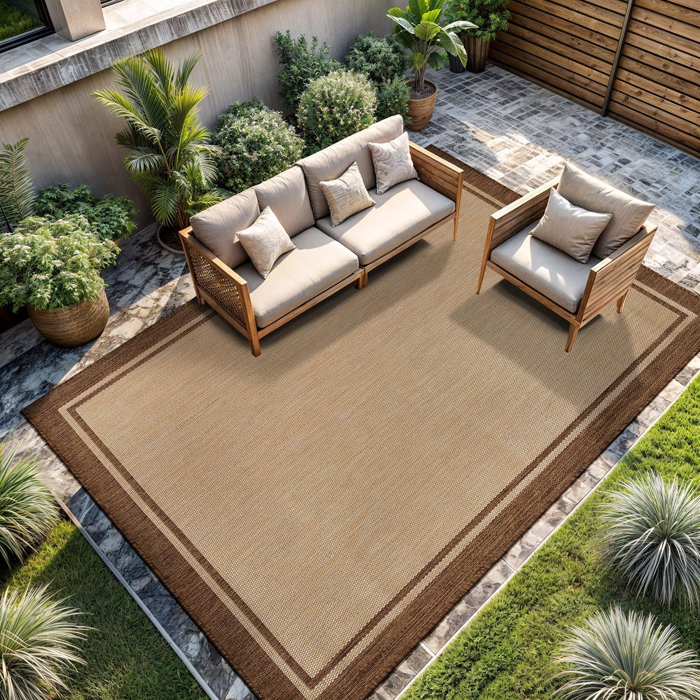 CAMILSON Indoor Outdoor Rug, 10x14 Bordered Natural Brown Modern Large Area Rugs for Indoor and Outdoor Patios, Kitchen and Hallway Mats, Washable Porch Deck Outside Carpet (Jute, 10 x 14)