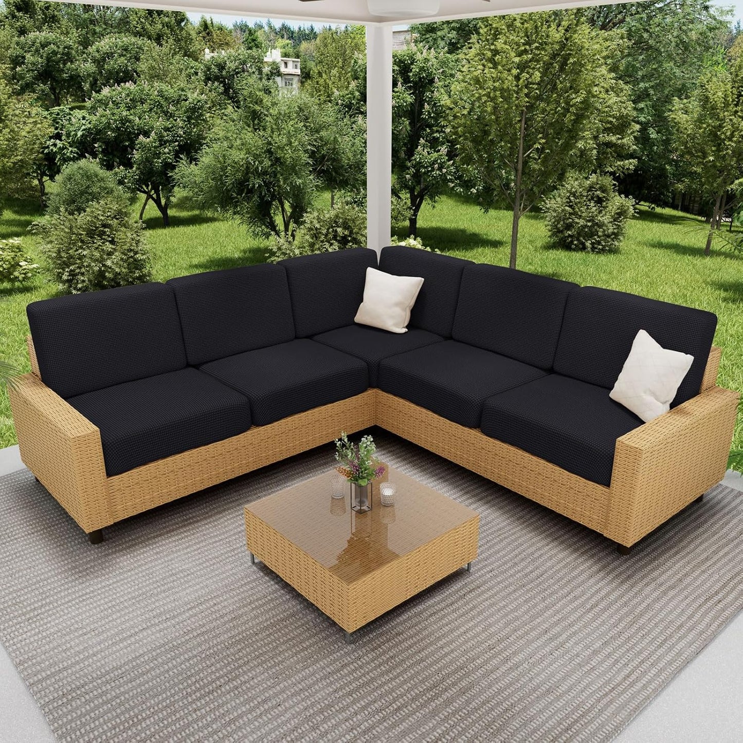 hyha Waterproof Couch Cushion Covers for Pets, Non Slip Sofa Seat Cover for Dogs Washable, Soft Thick Stretch Jacquard Fabric, Sofa Slipcovers with Elastic Bottom (3 Pieces, Black)