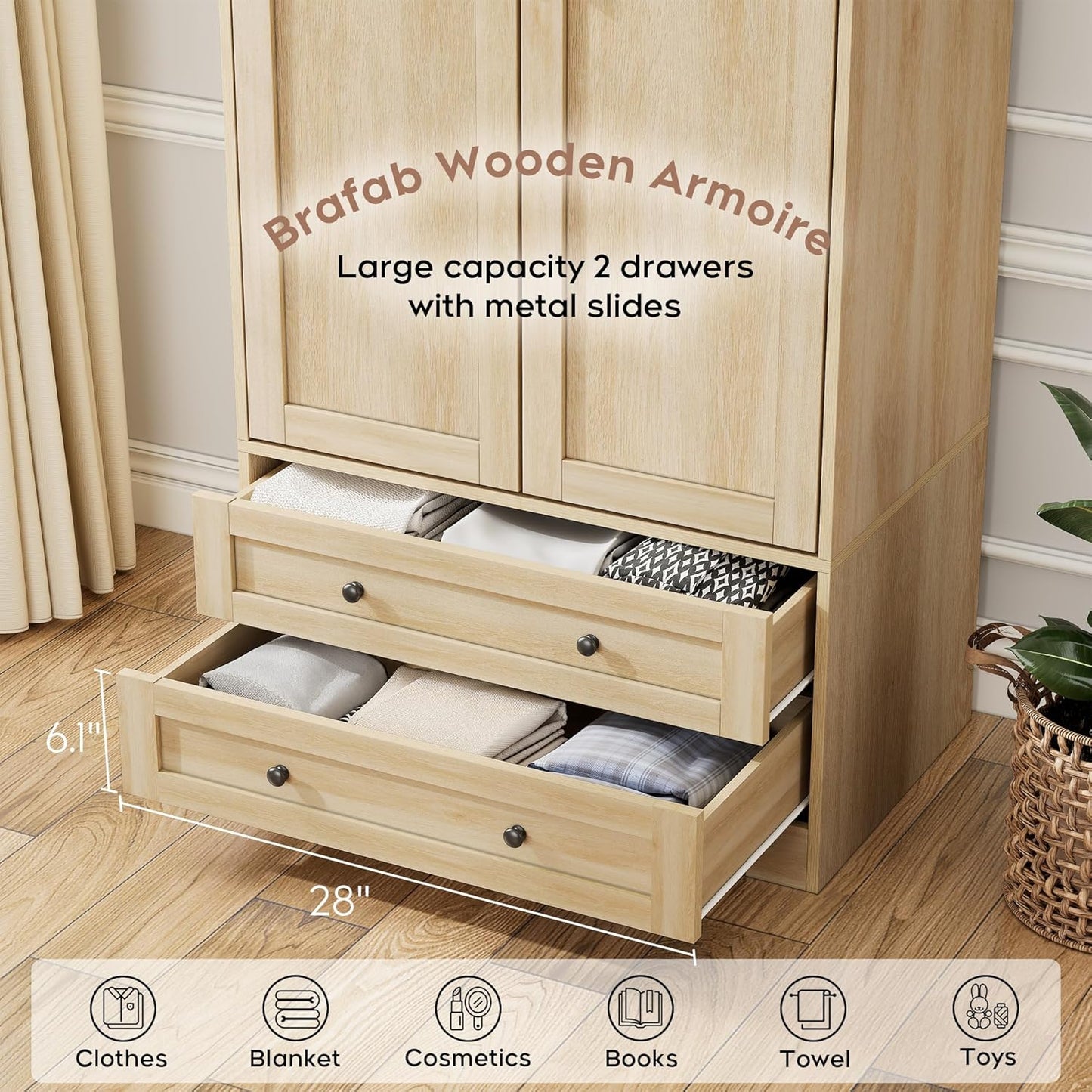 Brafab Armoire Wardrobe Closet with 2 Modern Doors Set of 2, 71" Tall Freestanding Closet Wardrobe Cabinet with Drawers and Hanging Rail, Wooden Storage Cabinet with Shelve for Bedroom,Natural