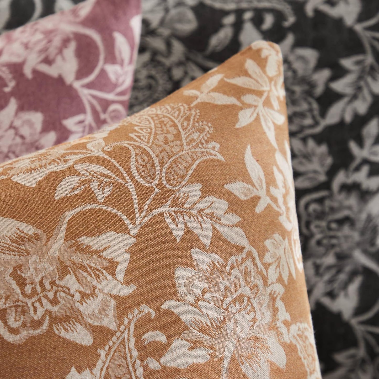 Floral Jacquard Lumbar Throw Pillow Covers Set of 2, Background/Caramal 12x20 Inch, Farmhouse Decorative Cotton Caramal Cushion Covers for Sofa Bed Living Room Home Decor