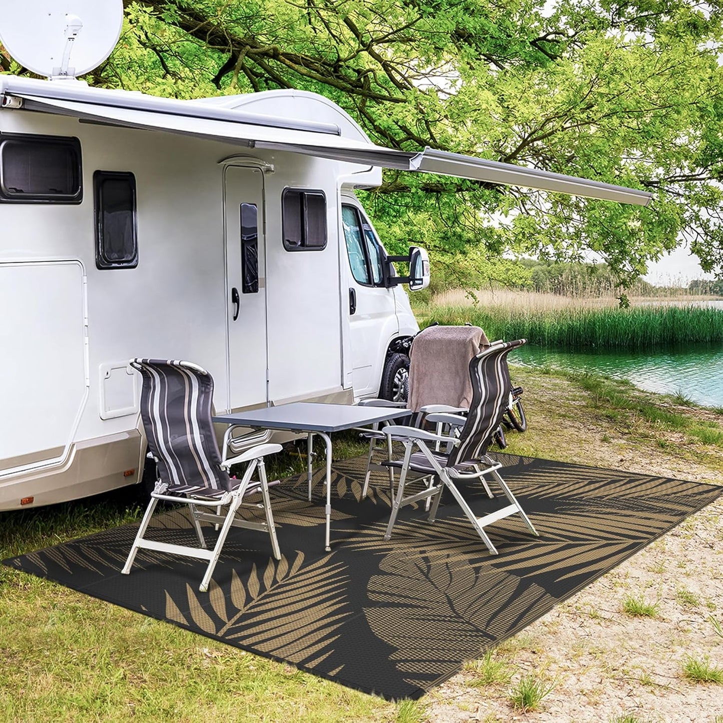 GENIMO Outdoor Rug 5' x 8' Waterproof for Patios Clearance, Reversible Outdoor Plastic Straw Camping Rug Carpet, Large Area Rugs Mats for RV, Picnic, Backyard, Deck, Balcony, Porch, Beach, Black&Brown