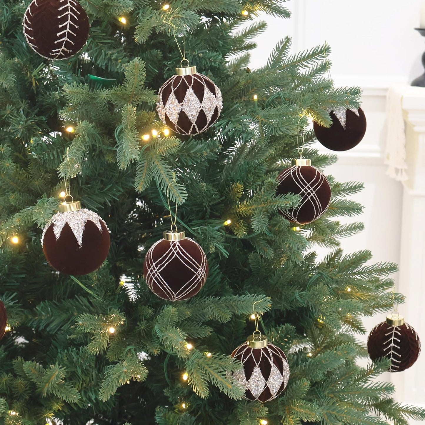 4inch Velvet Ornaments for Christmas Tree, 9PCS Glitter Flocked Christmas Ornaments Decorations Balls Set Decor Brown