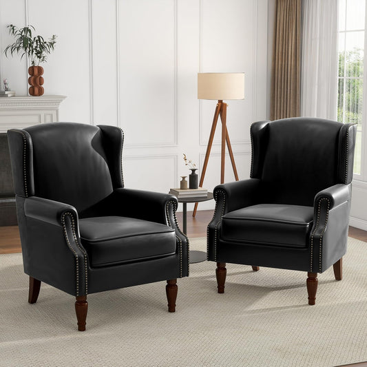 UIXE Faux Leather High Back Accent Chairs Set of 2, Upholstered Armchair for Living Room, Retro Wingback Arm Chair Nailhead Trim Single Sofa Bedroom Reading Seat with Solid Wood Legs - Black