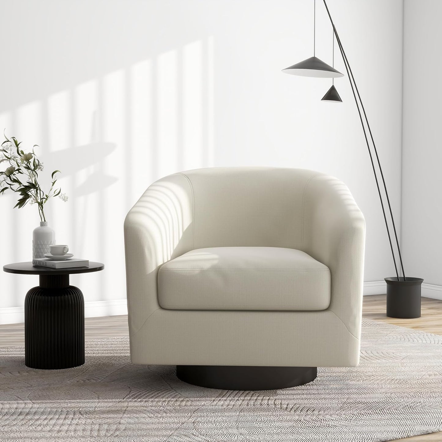 Swivel Barrel Accent Chair, Modern Round Linen Arm Chair for Living Room, Bedroom, Comfy Club Reading Chairs for Adults（Linen Fabric, Beige, Set of 4