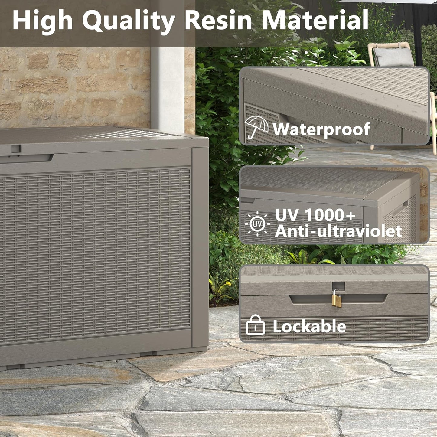 100 Gallon Deck Box Lockable Resin Outdoor Storage Box waterproof Outdoor Container for Patio Furniture Cushions, Pillow