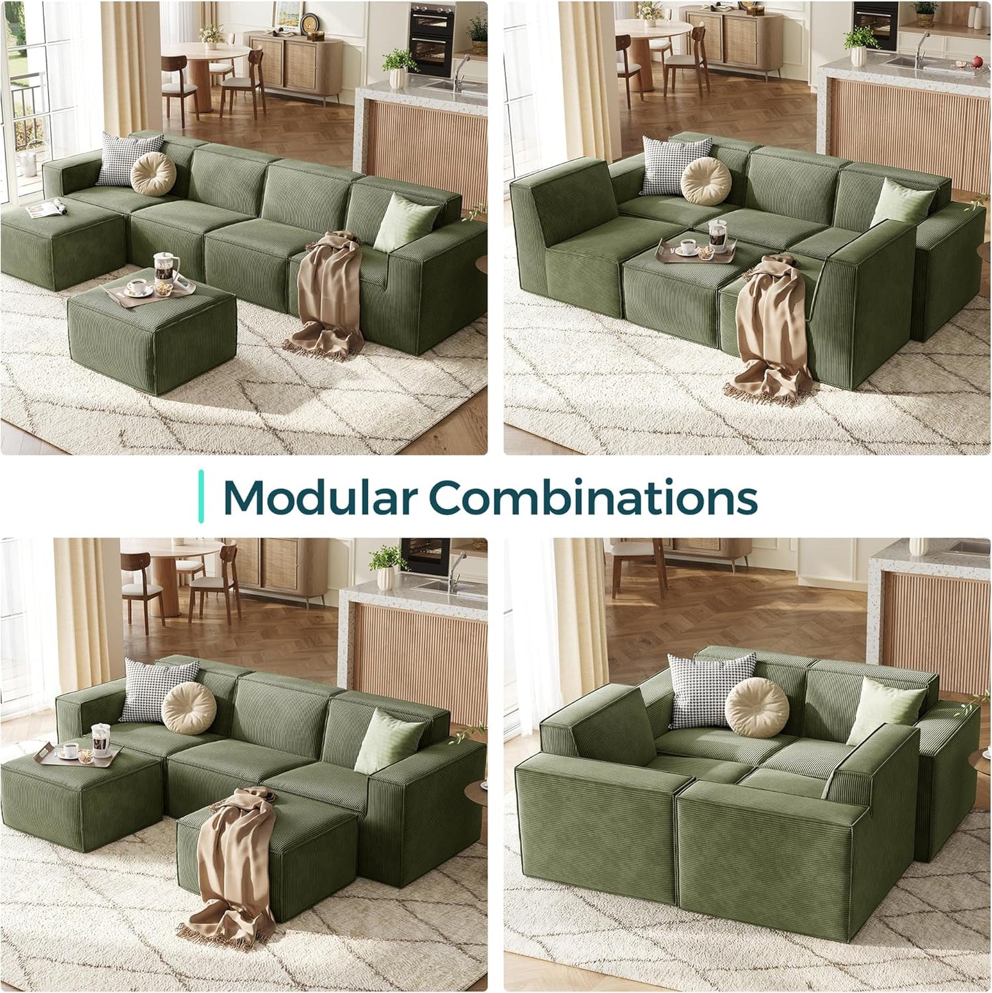 LINSY HOME Modular Sectional Sofa, 134" Boneless Couch L Shaped 4-Seat Sofa with Movable Ottoman, Corduroy Sectional Cloud Couches for Living Room, No Assembly Required, Green