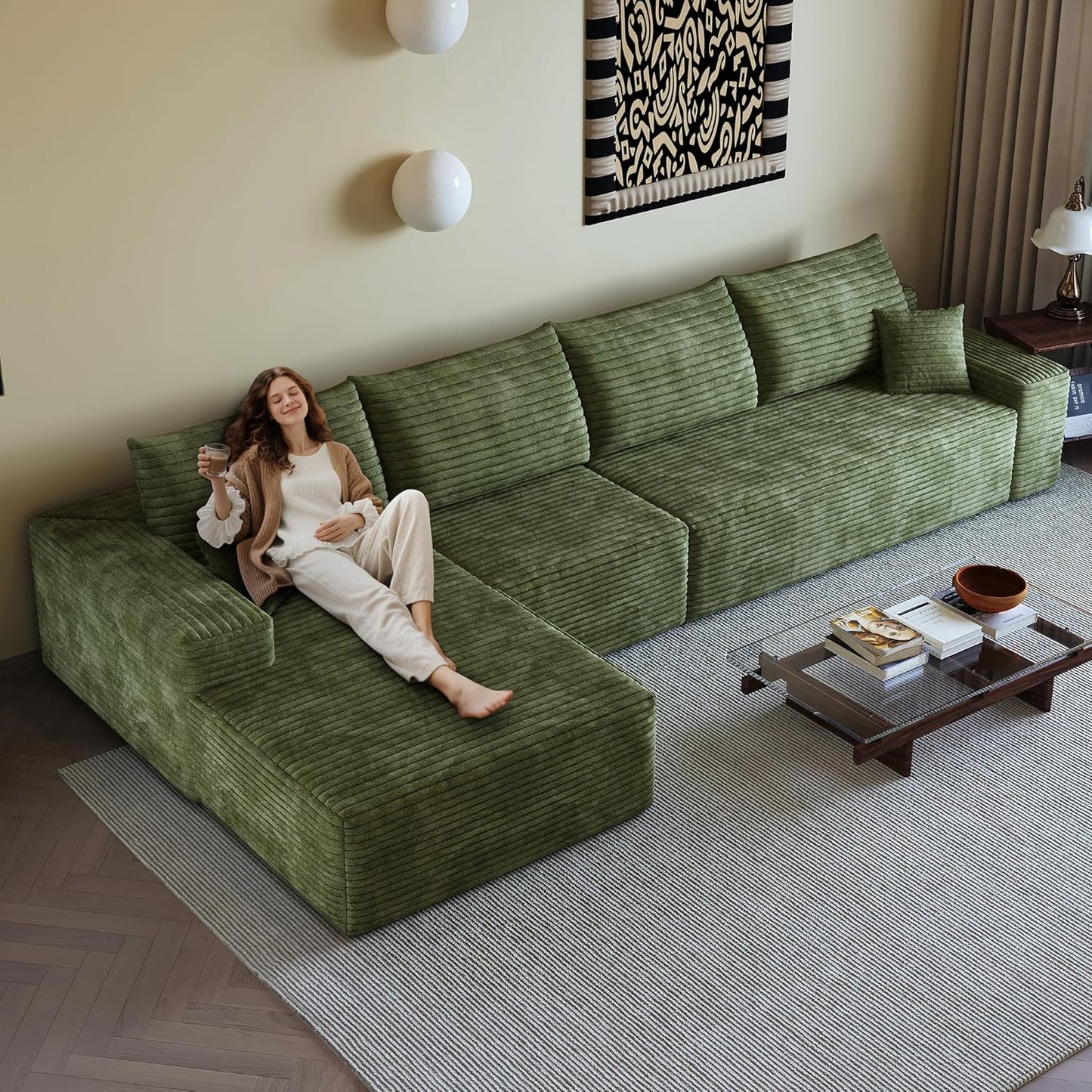 108" Sectional Couches for Living Room Modern Modular Sofa with L-Shape Couchs Upholstered Boneless Couch Deep Seat Sectional Couch with Chaise (Green, Left Facing Chaise+3Seaters)