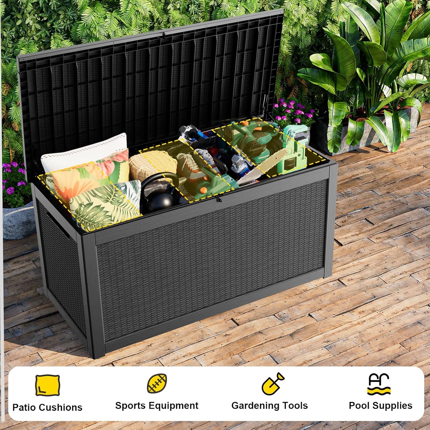 268 Gallon Outdoor Deck Box,Storage Lockable Waterproof Patio Furniture,Garden Tools,Cushions,Pool Accessories Outside Storage Resin Box(Black)
